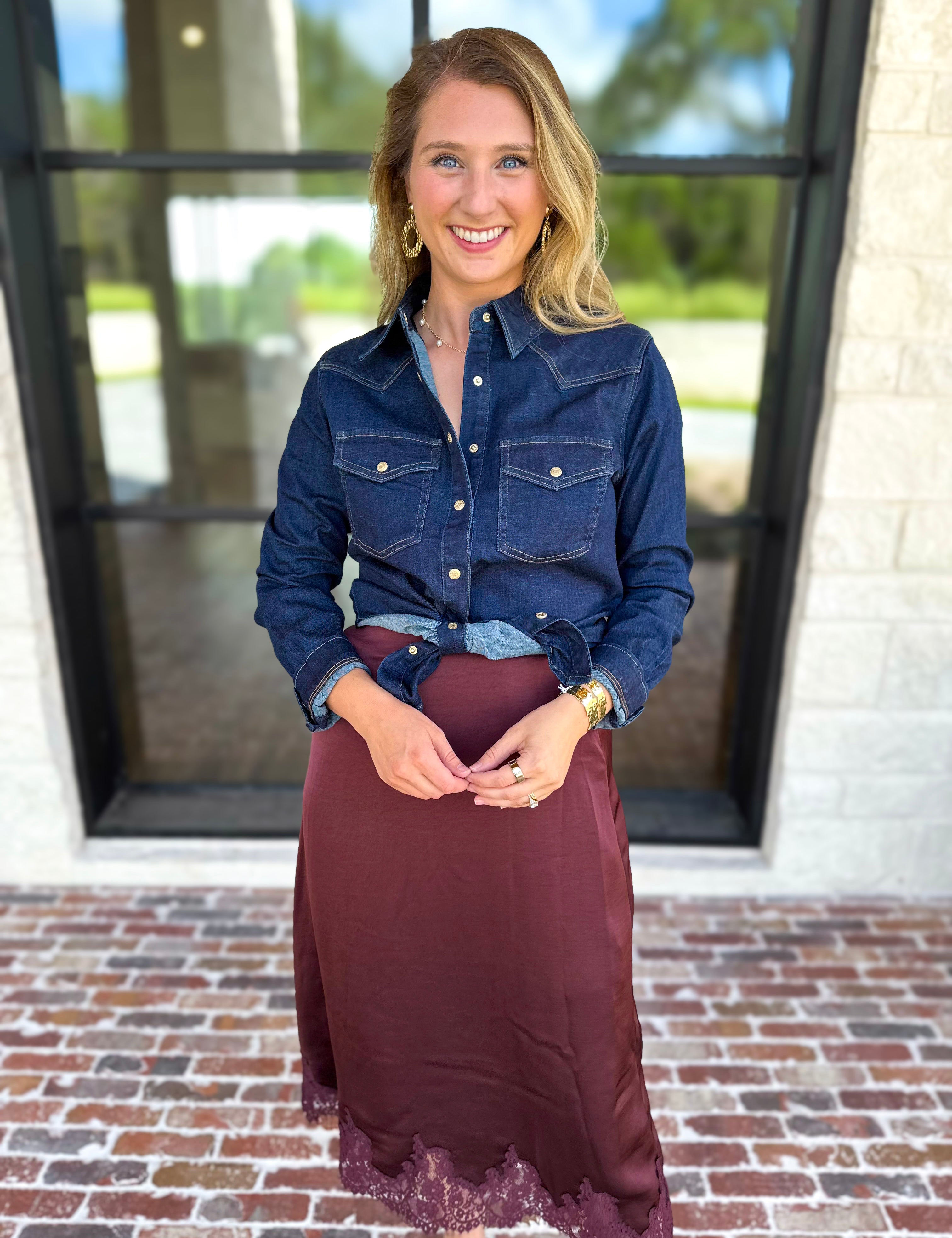 Liverpool - The Dakota Denim Button Down-200 Fashion Blouses-LIVERPOOL JEANS COMPANY-July & June Women's Fashion Boutique Located in San Antonio, Texas