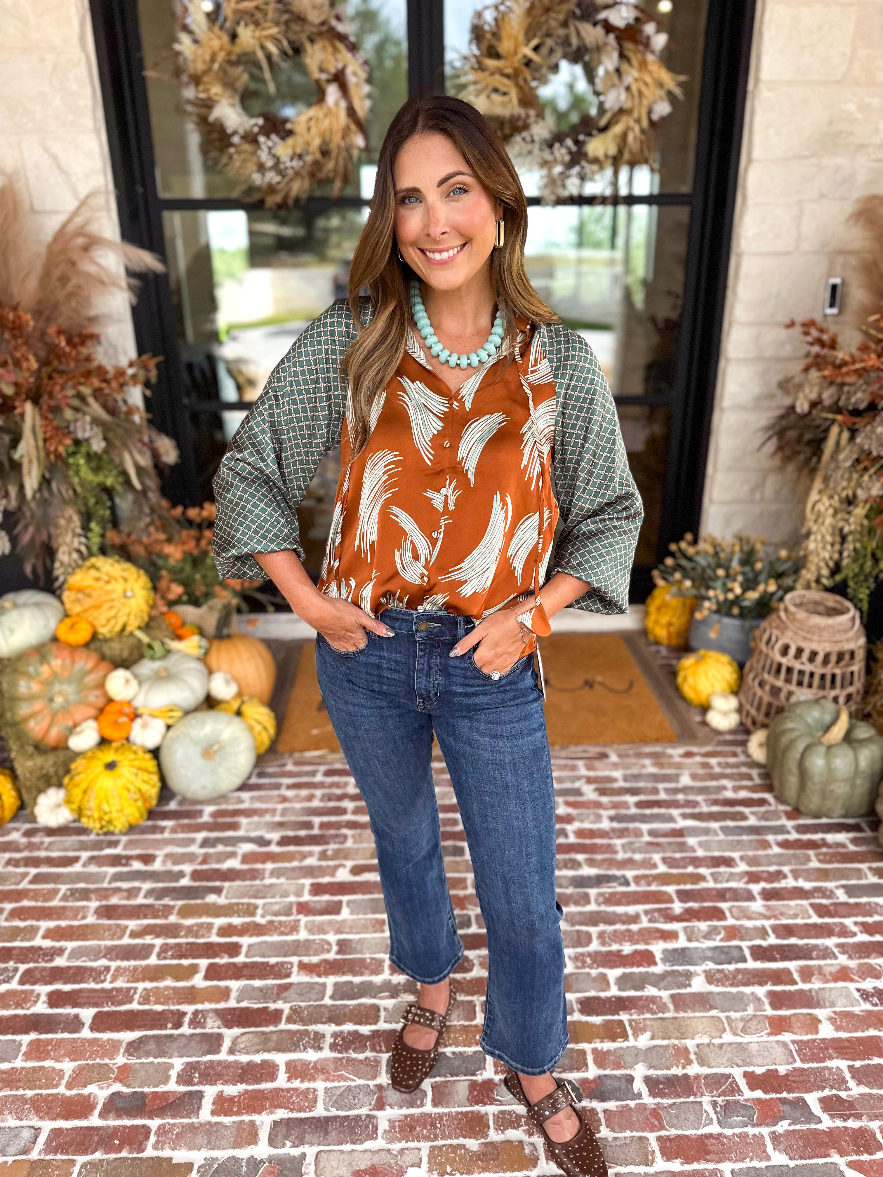 THML - Autumn Pattern Play Blouse-200 Fashion Blouses-THML-July & June Women's Fashion Boutique Located in San Antonio, Texas