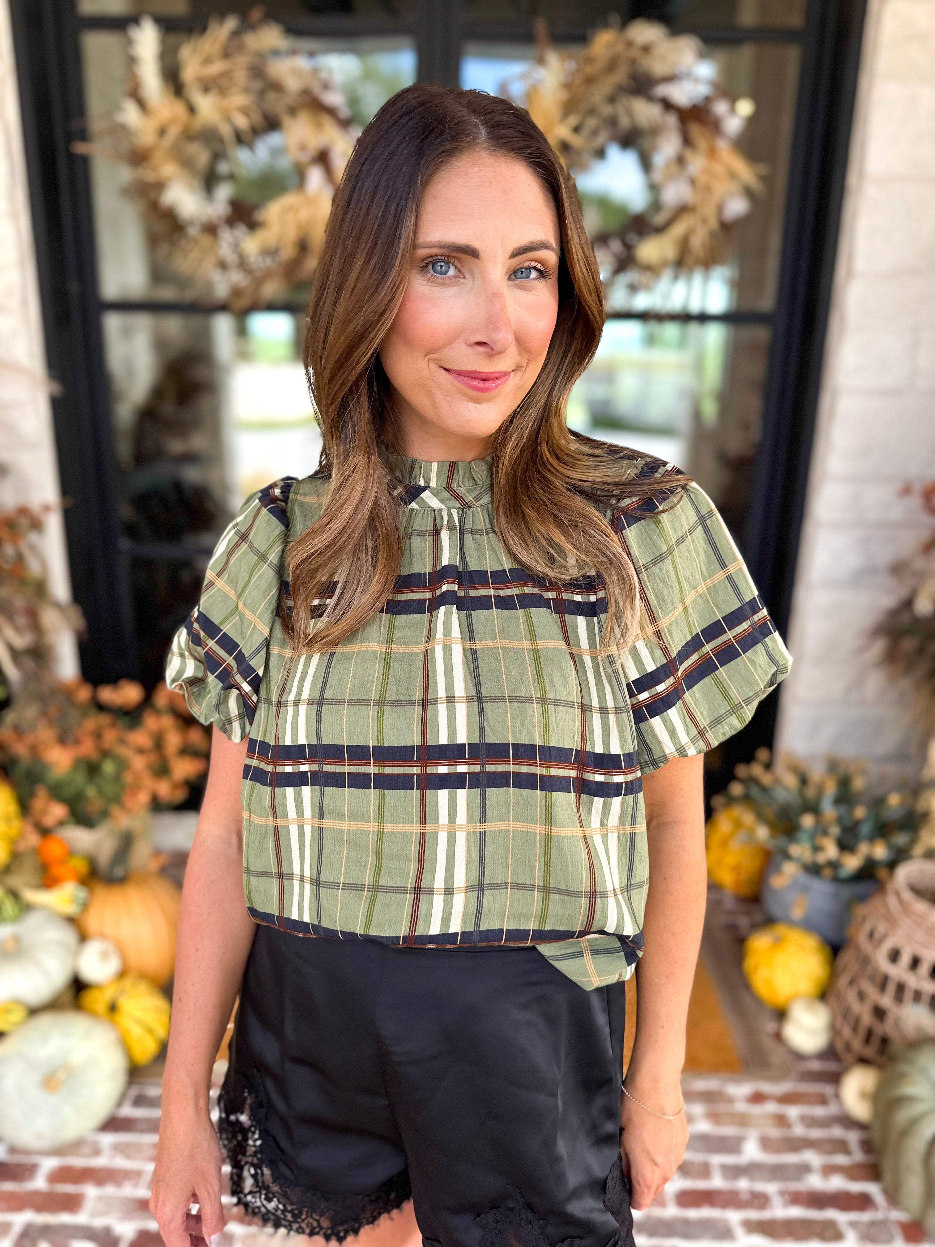 THML - Groves Plaid Ruffle Neck Blouse-200 Fashion Blouses-THML-July & June Women's Fashion Boutique Located in San Antonio, Texas