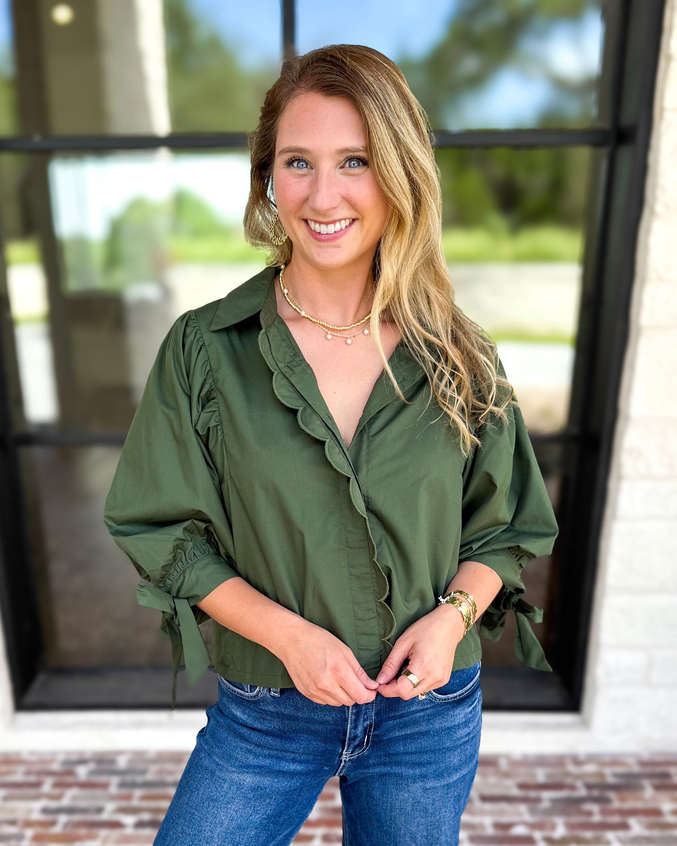 The Campbell Button Down Blouse - Forest-200 Fashion Blouses-ENTRO-July & June Women's Fashion Boutique Located in San Antonio, Texas