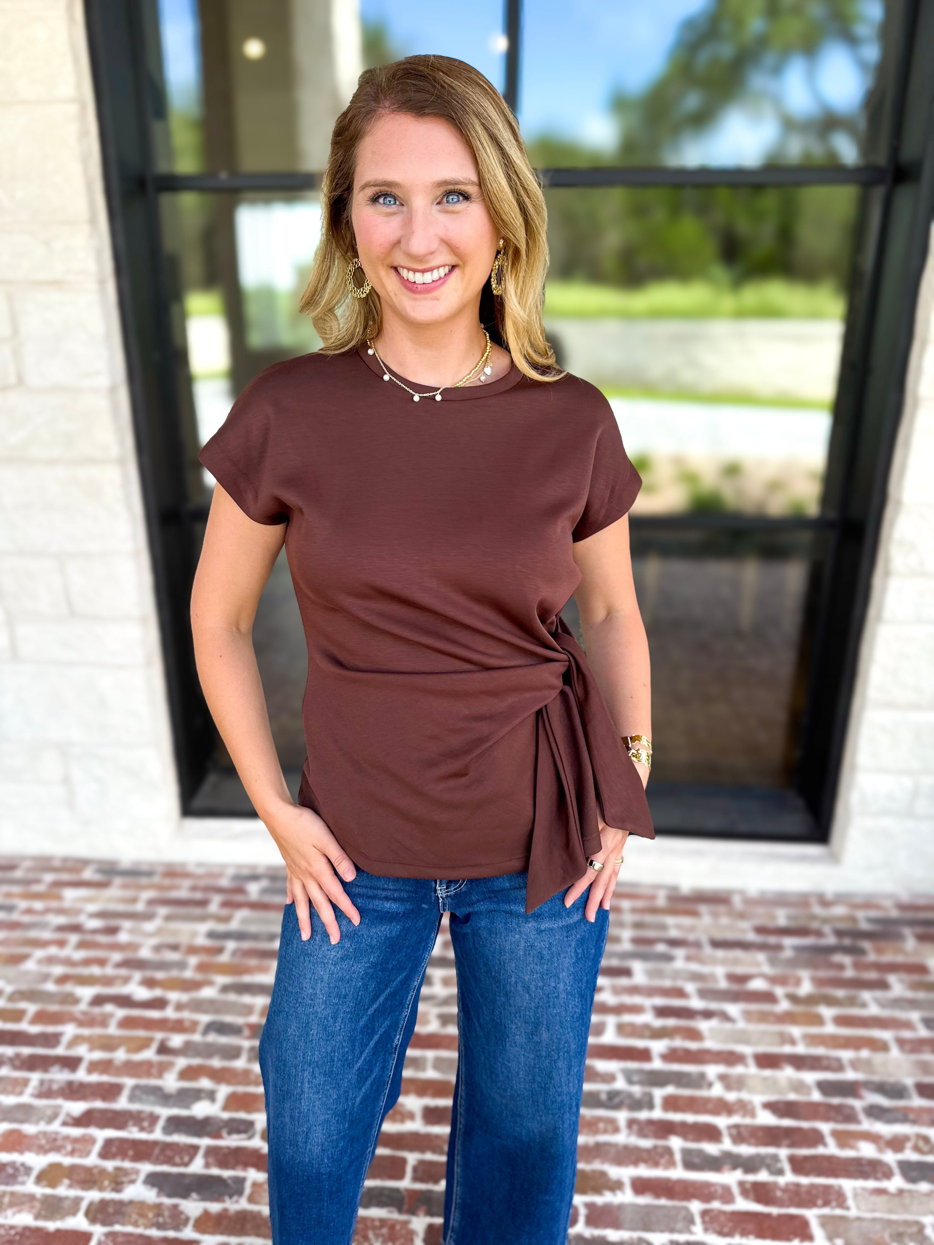 Essentials Knotted Blouse - Chocolate-200 Fashion Blouses-ENTRO-July & June Women's Fashion Boutique Located in San Antonio, Texas