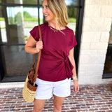 Essentials Knotted Blouse - Merlot-200 Fashion Blouses-ENTRO-July & June Women's Fashion Boutique Located in San Antonio, Texas