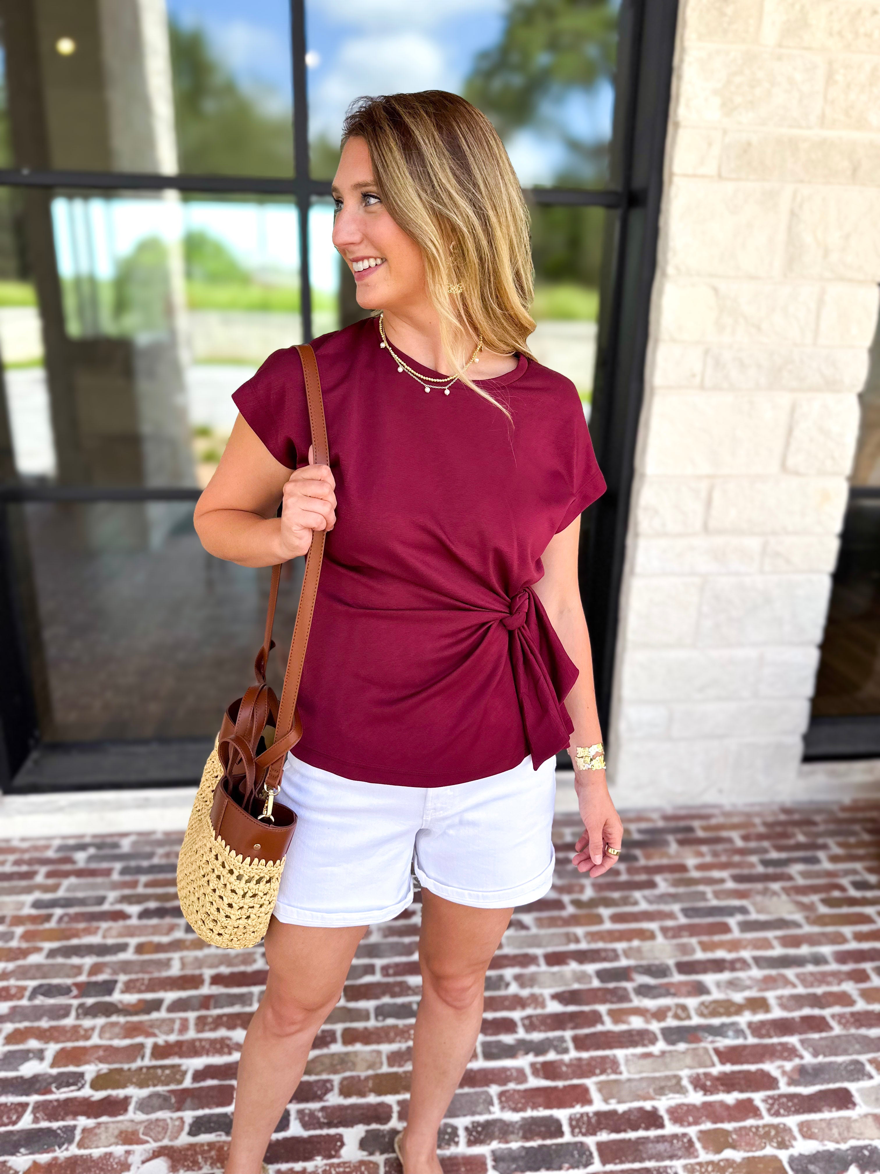 Essentials Knotted Blouse - Merlot-200 Fashion Blouses-ENTRO-July & June Women's Fashion Boutique Located in San Antonio, Texas