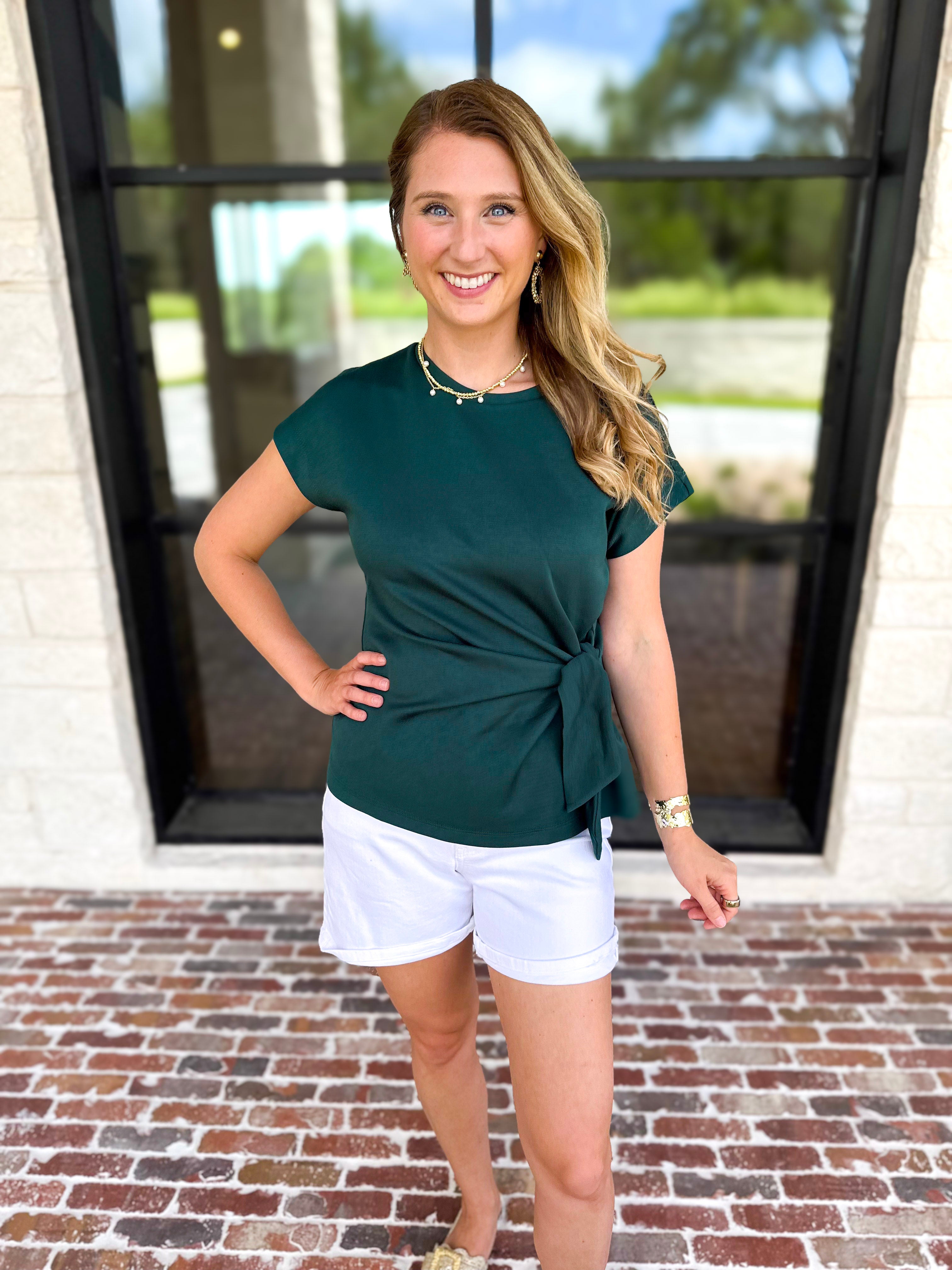 Essentials Knotted Blouse - Hunter Green-200 Fashion Blouses-ENTRO-July & June Women's Fashion Boutique Located in San Antonio, Texas