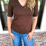 Liverpool - Double Layer V-Neck Top - Espresso-210 Casual Blouses-LIVERPOOL JEANS COMPANY-July & June Women's Fashion Boutique Located in San Antonio, Texas