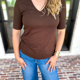 Liverpool - Double Layer V-Neck Top - Espresso-210 Casual Blouses-LIVERPOOL JEANS COMPANY-July & June Women's Fashion Boutique Located in San Antonio, Texas