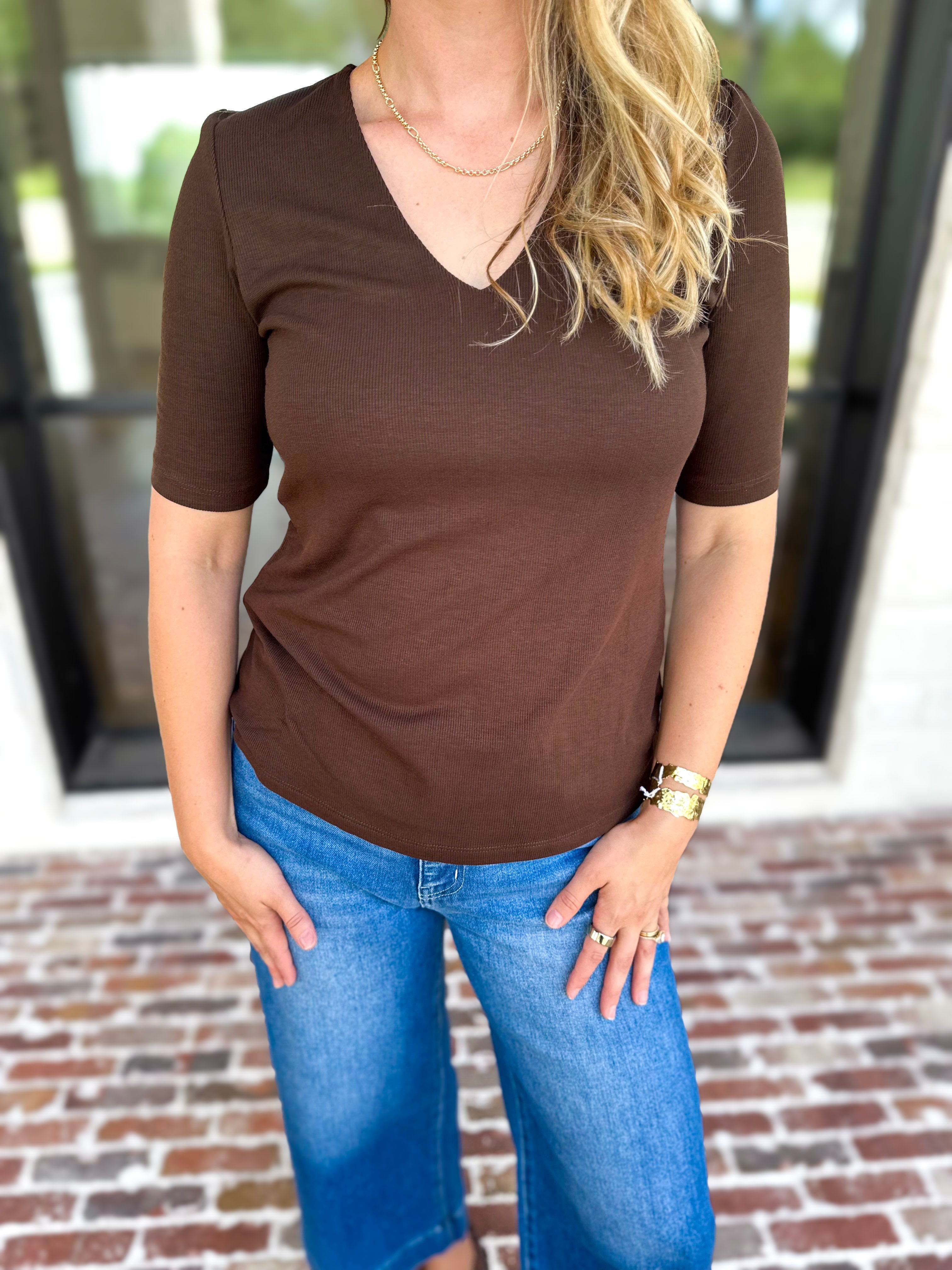 Liverpool - Double Layer V-Neck Top - Espresso-210 Casual Blouses-LIVERPOOL JEANS COMPANY-July & June Women's Fashion Boutique Located in San Antonio, Texas
