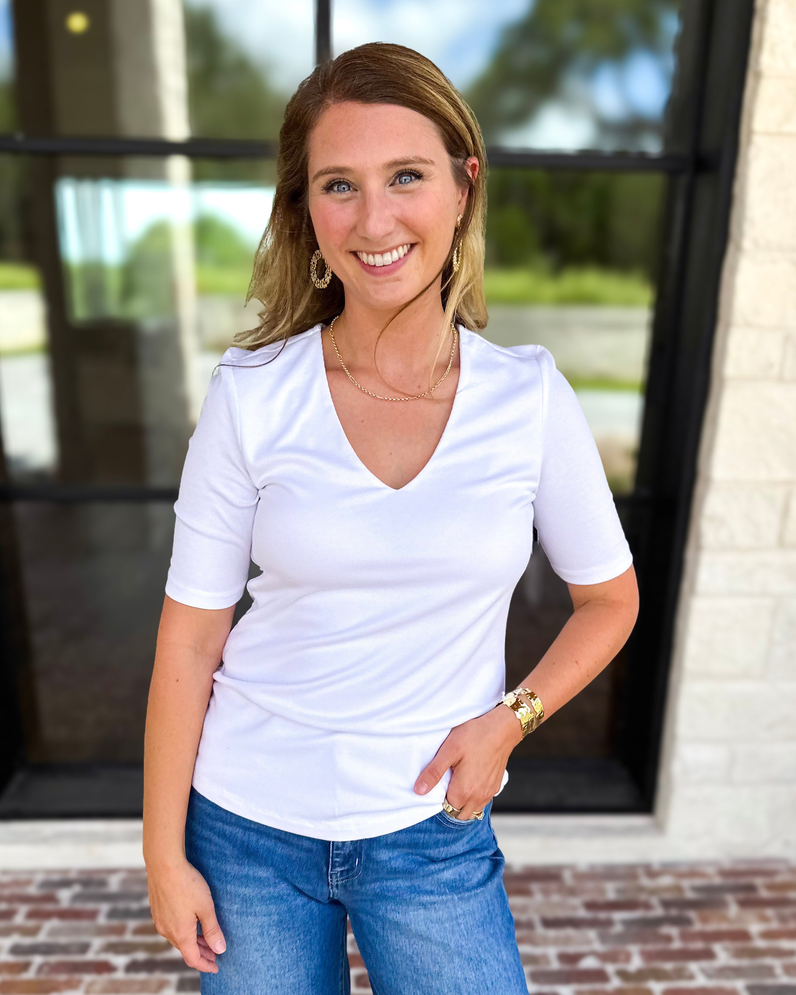 Liverpool - Double Layer V-Neck Top - Ivory-210 Casual Blouses-LIVERPOOL JEANS COMPANY-July & June Women's Fashion Boutique Located in San Antonio, Texas