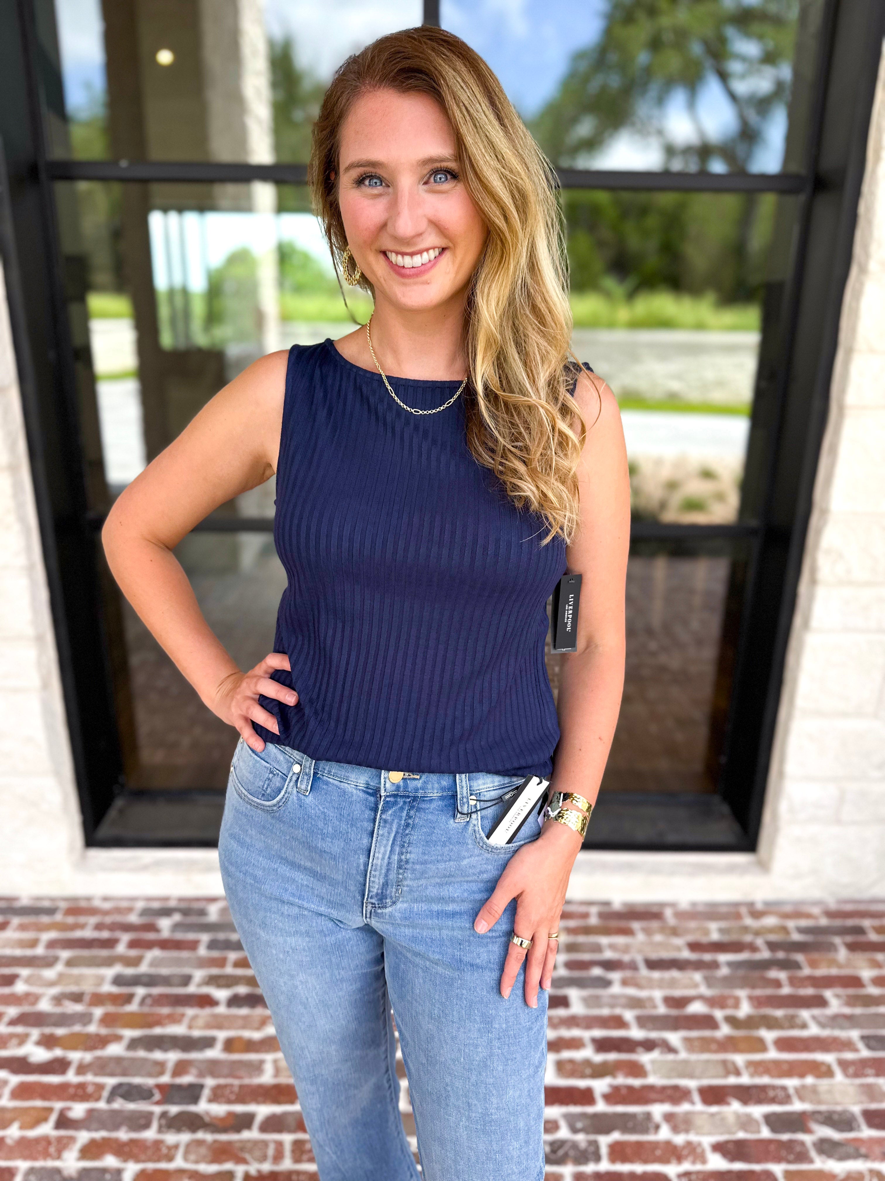 Liverpool - Classic Boatneck Knit Tank - Navy-210 Casual Blouses-LIVERPOOL JEANS COMPANY-July & June Women's Fashion Boutique Located in San Antonio, Texas