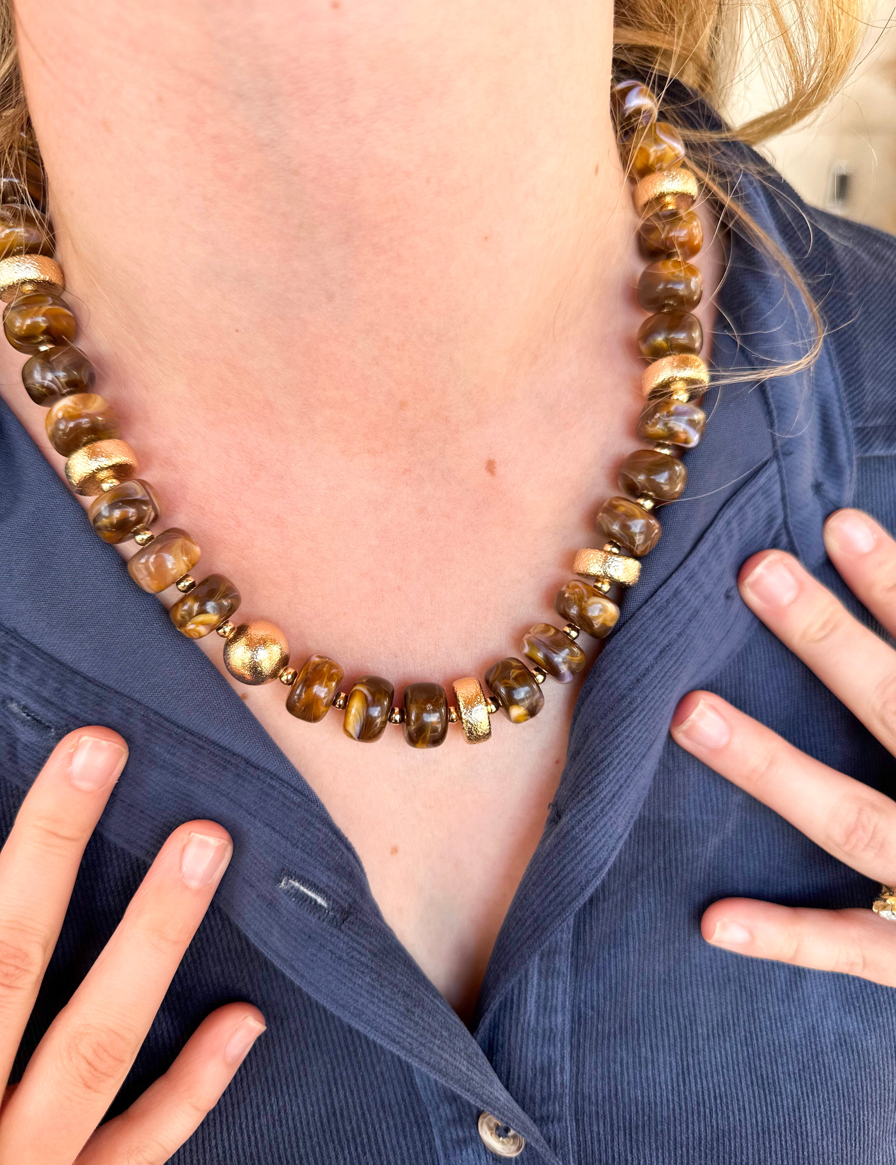 Beaded Gold Leaf & Brown Statement Necklace-110 Jewelry & Hair-Golden Lily-July & June Women's Fashion Boutique Located in San Antonio, Texas