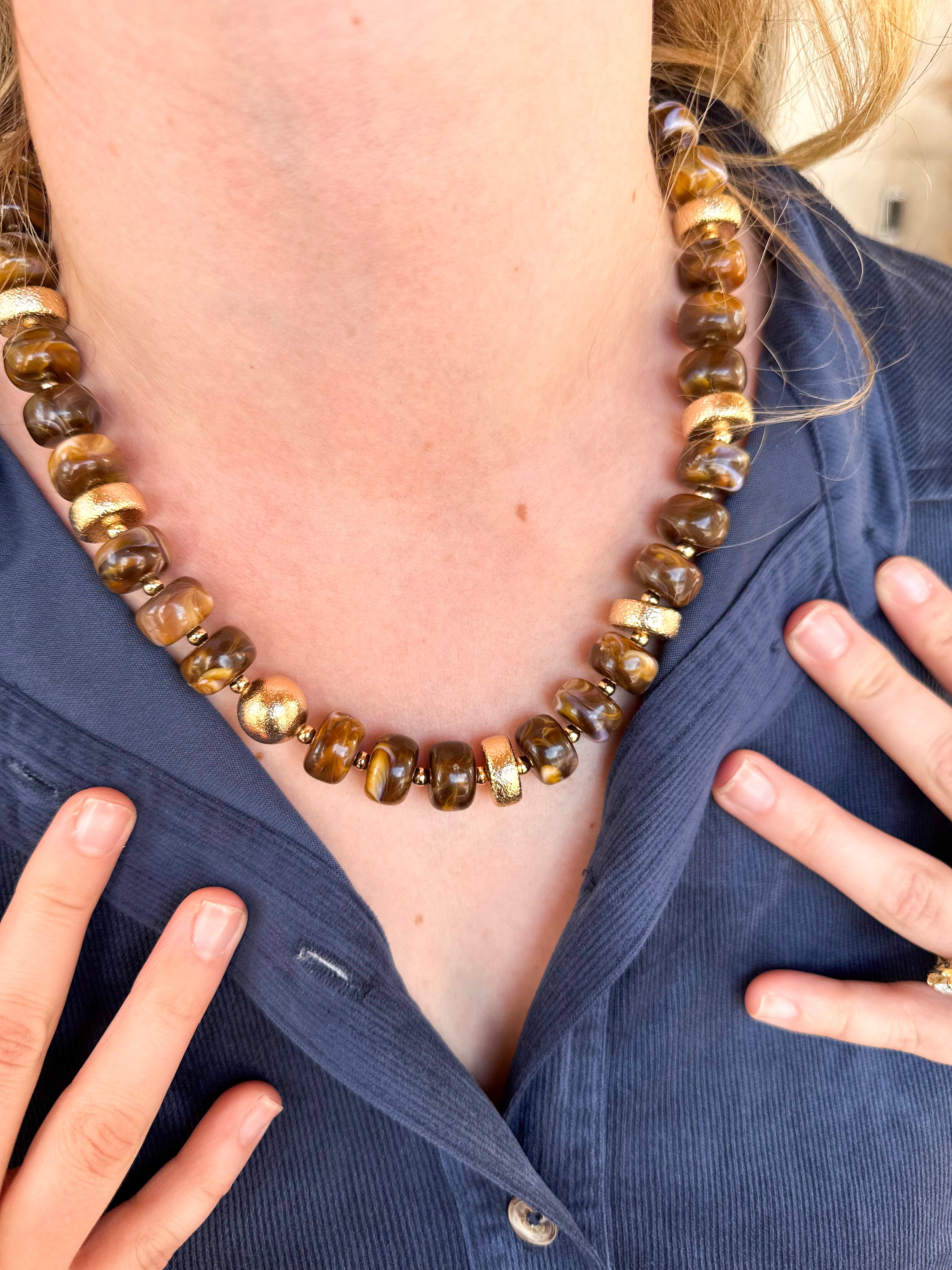 Beaded Gold Leaf & Brown Statement Necklace-110 Jewelry & Hair-Golden Lily-July & June Women's Fashion Boutique Located in San Antonio, Texas