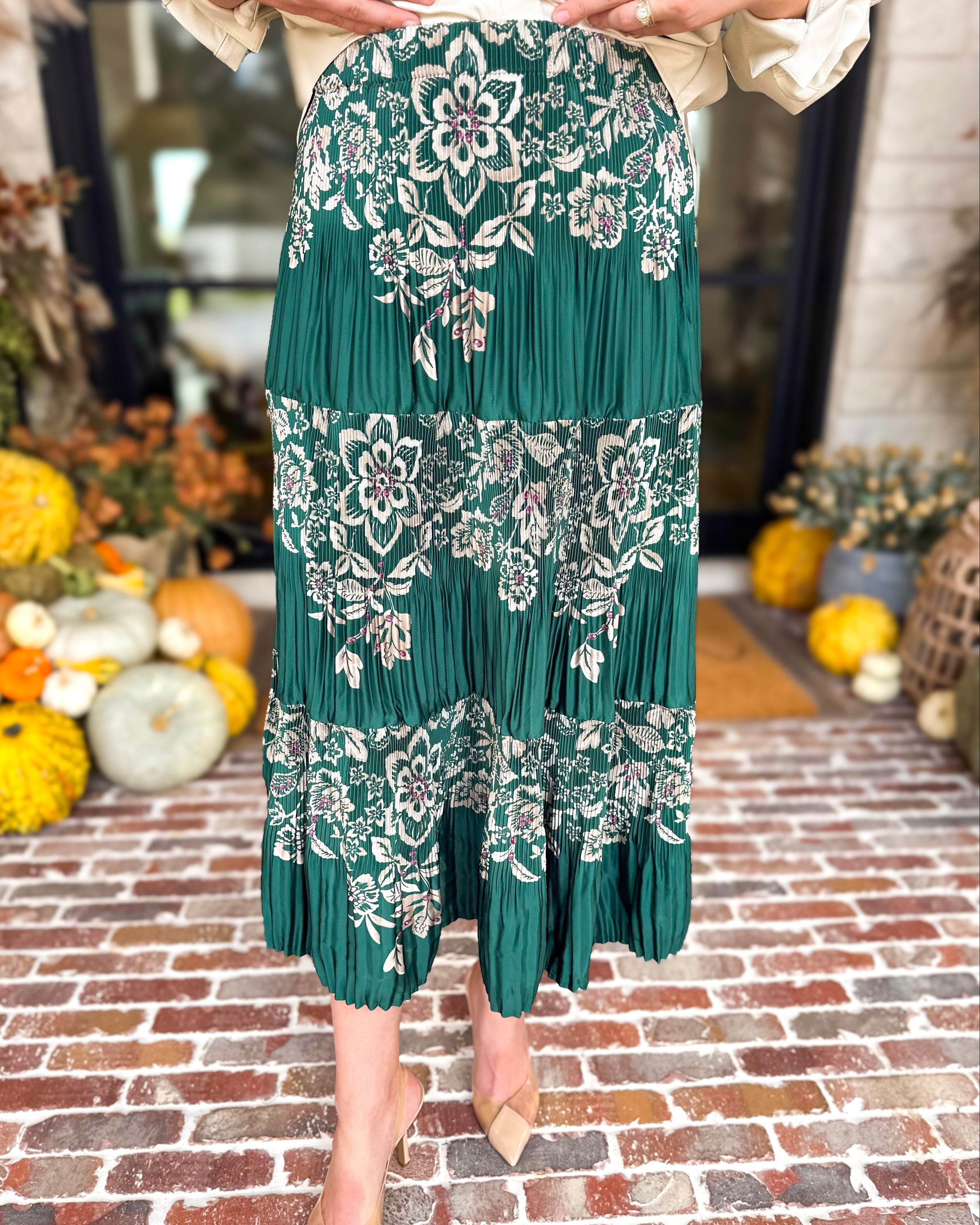 Current Air - Emerald Green Floral Pleated Midi Skirt-410 Shorts/Skirts-CURRENT AIR CLOTHING-July & June Women's Fashion Boutique Located in San Antonio, Texas