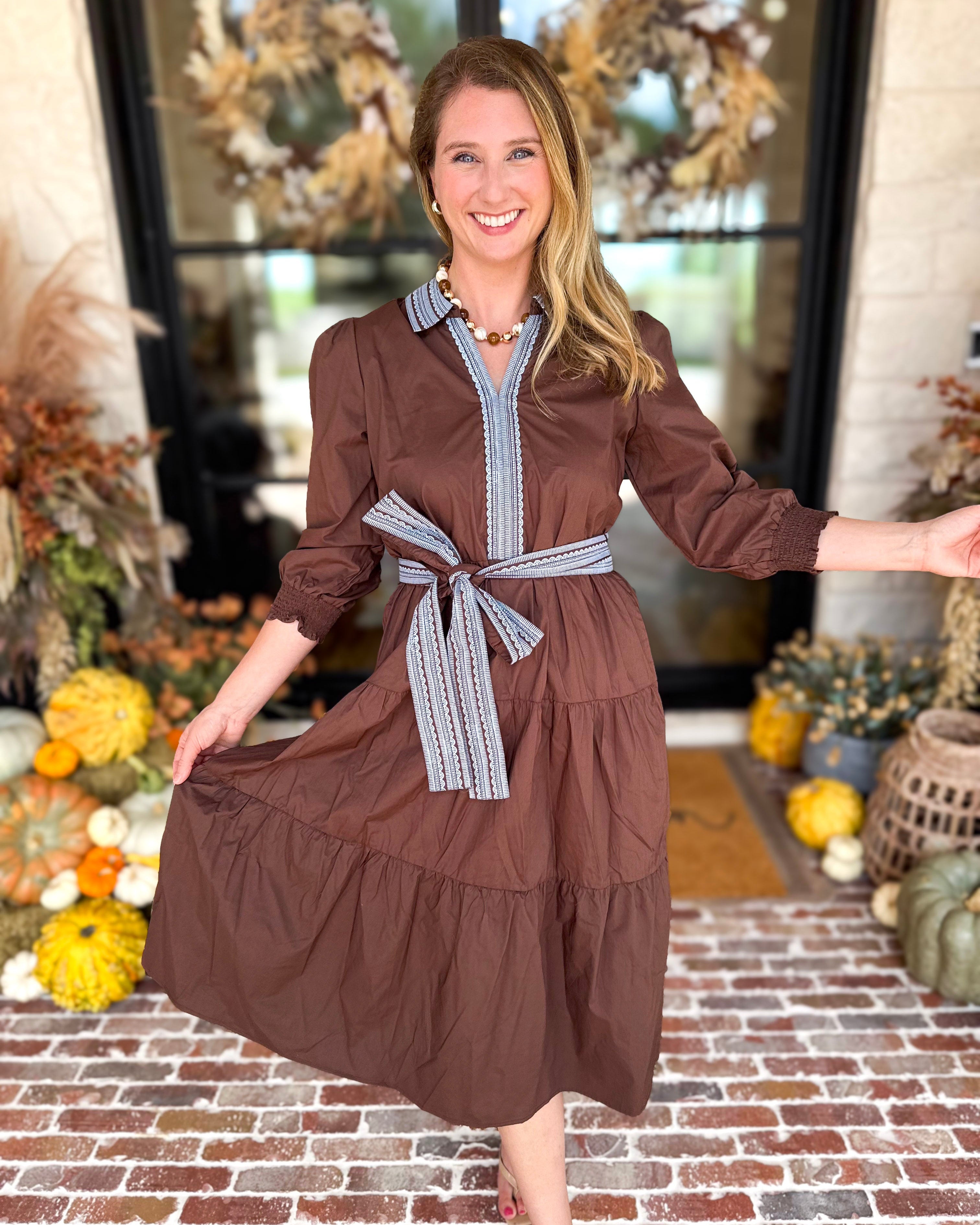 Mary Square - Lace Embroidered Brown Midi Dress-500 Midi-MARY SQUARE-July & June Women's Fashion Boutique Located in San Antonio, Texas
