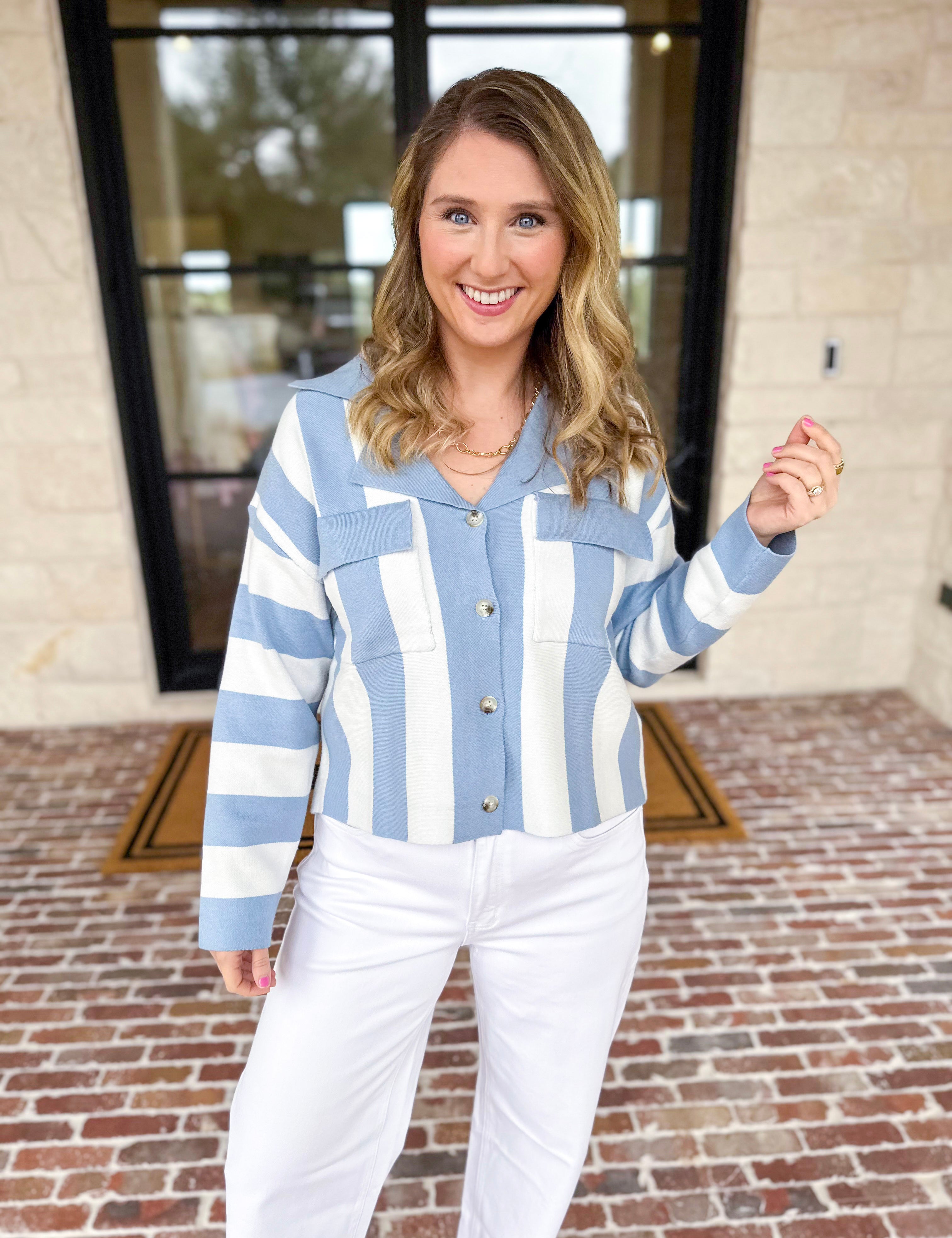 Sky’s The Limit Collared Sweater-230 Sweaters/Cardis-ALLIE ROSE-July & June Women's Fashion Boutique Located in San Antonio, Texas
