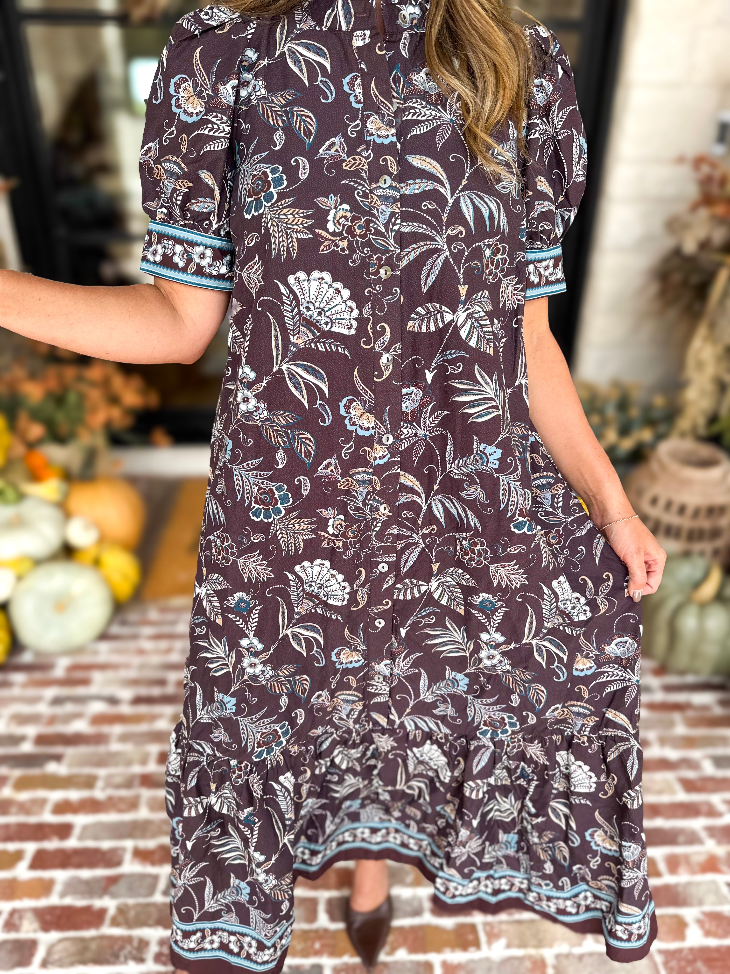 Fall Gardens Puff Sleeve Midi Dress-500 Midi-ENTRO-July & June Women's Fashion Boutique Located in San Antonio, Texas