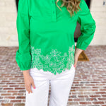 Current Air - Kelly Green Eyelet Lace Blouse-200 Fashion Blouses-CURRENT AIR CLOTHING-July & June Women's Fashion Boutique Located in San Antonio, Texas