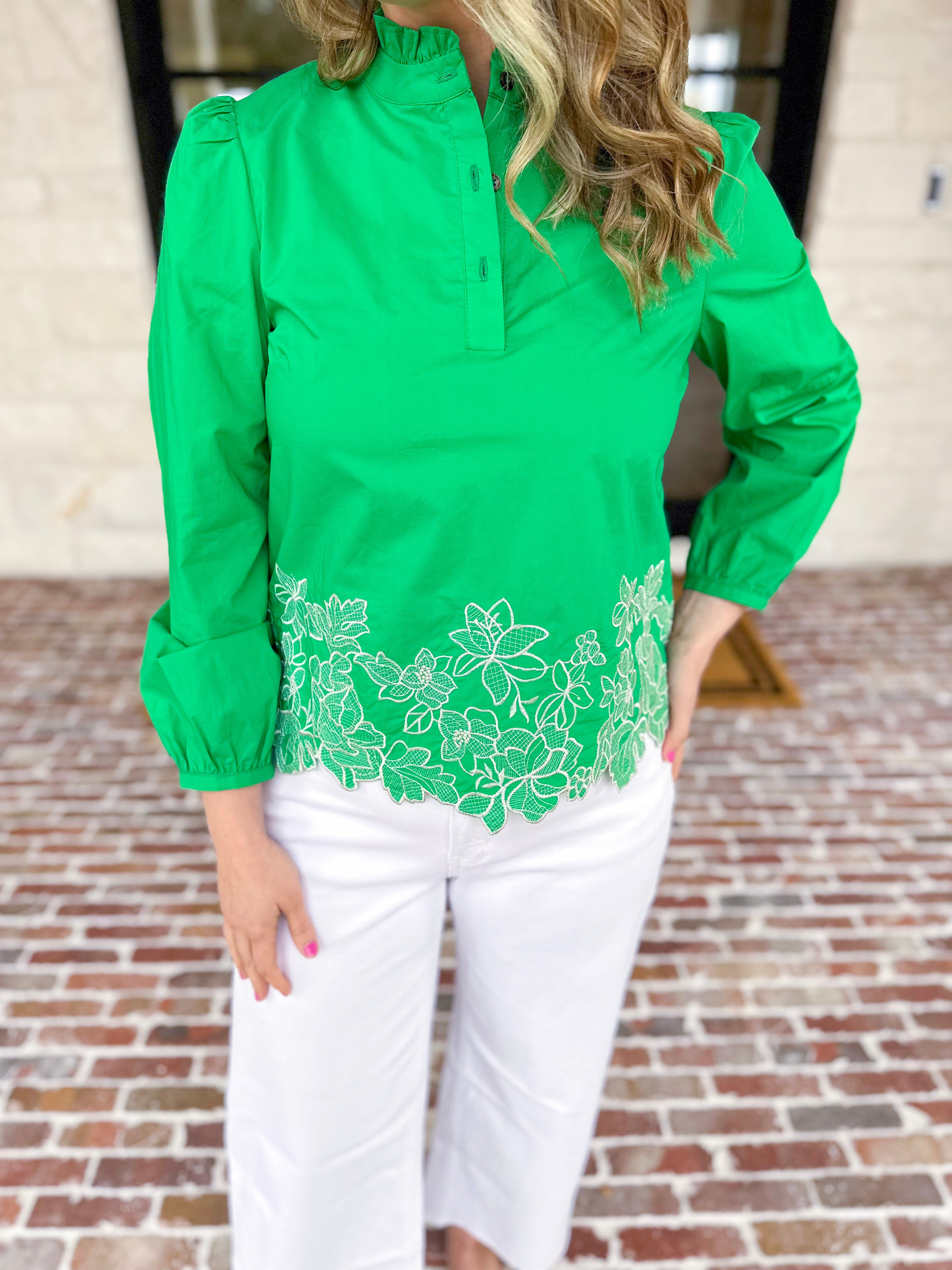 Current Air - Kelly Green Eyelet Lace Blouse-200 Fashion Blouses-CURRENT AIR CLOTHING-July & June Women's Fashion Boutique Located in San Antonio, Texas
