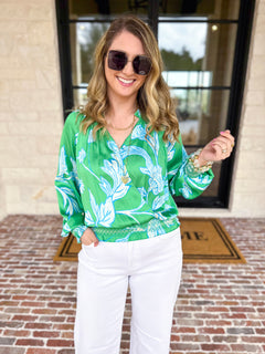Current Air - Spring Green Floral Blouse-200 Fashion Blouses-CURRENT AIR CLOTHING-July & June Women's Fashion Boutique Located in San Antonio, Texas