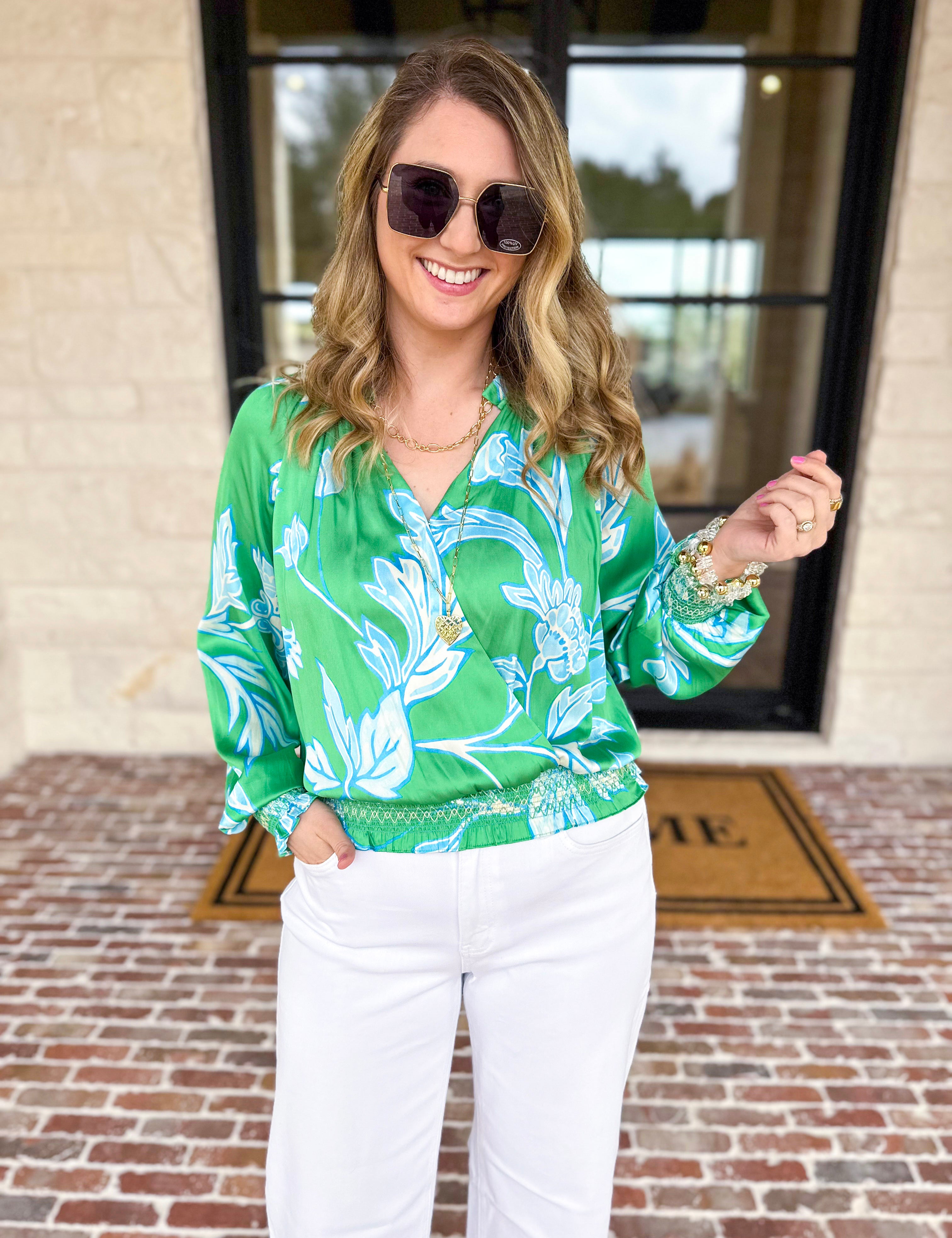 Current Air - Spring Green Floral Blouse-200 Fashion Blouses-CURRENT AIR CLOTHING-July & June Women's Fashion Boutique Located in San Antonio, Texas