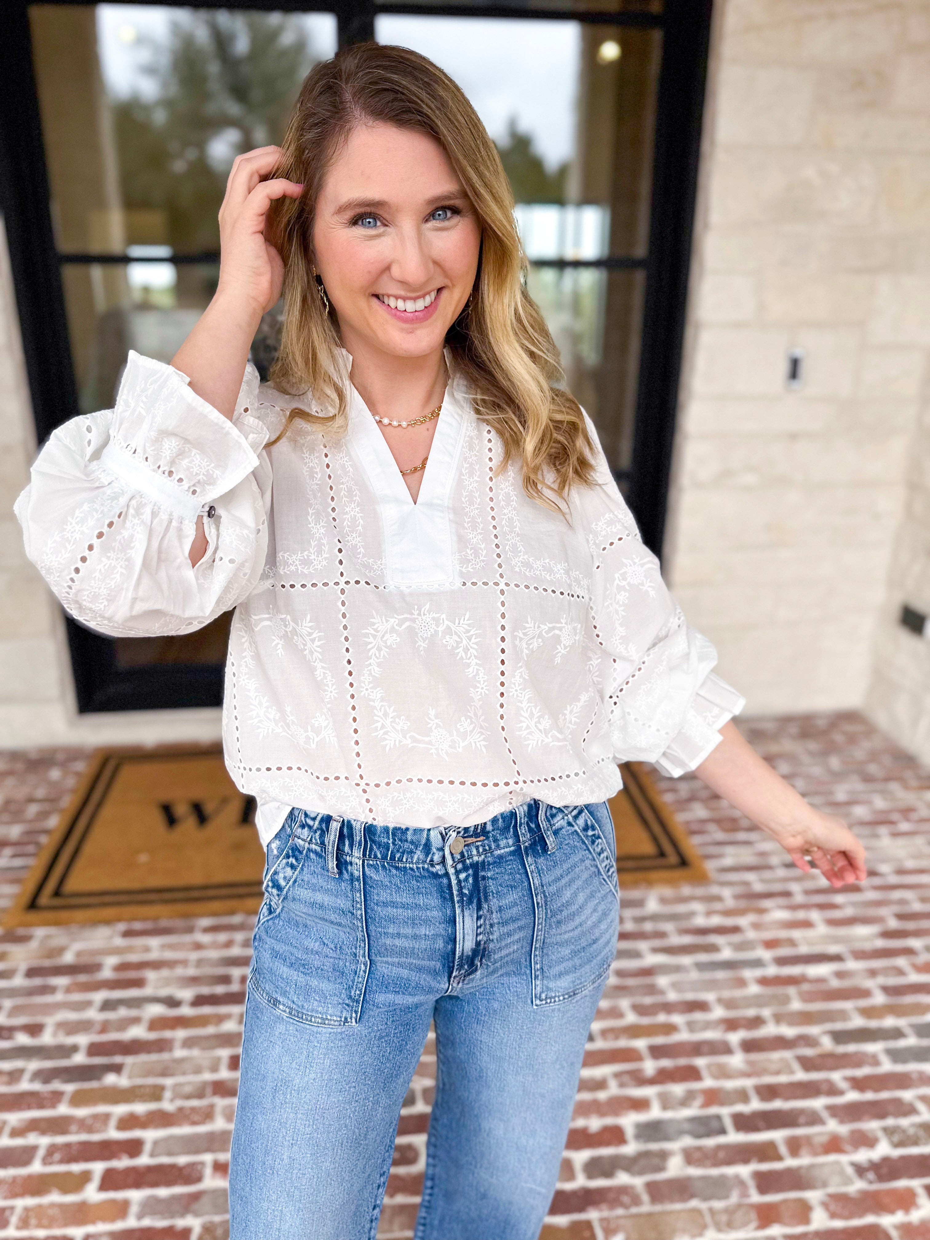 Bloom Where You're Planted Blouse - White-200 Fashion Blouses-ENTRO-July & June Women's Fashion Boutique Located in San Antonio, Texas