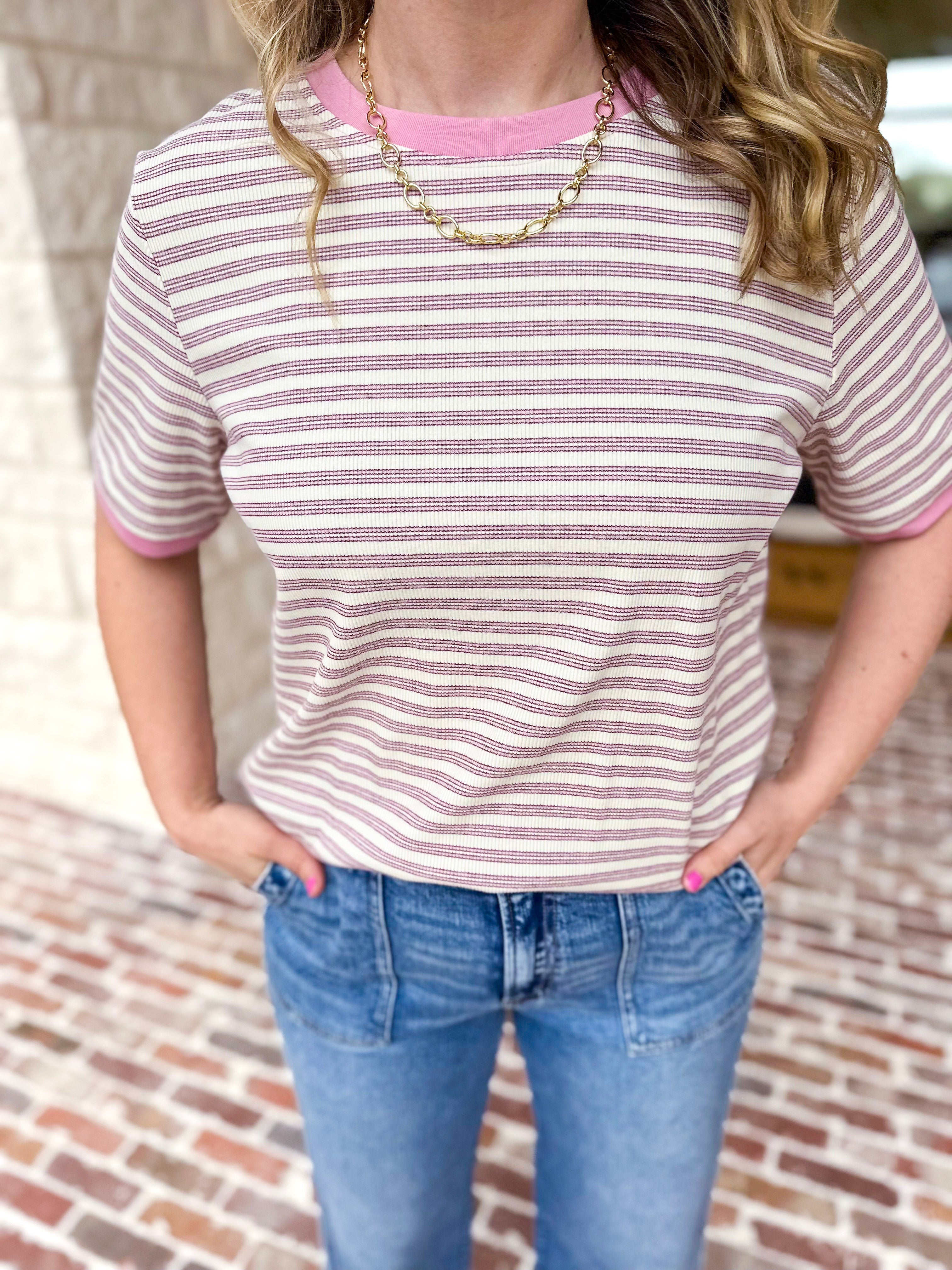 Casual Hangout Striped Tee - Pink-210 Casual Blouses-POLOGRAM-July & June Women's Fashion Boutique Located in San Antonio, Texas