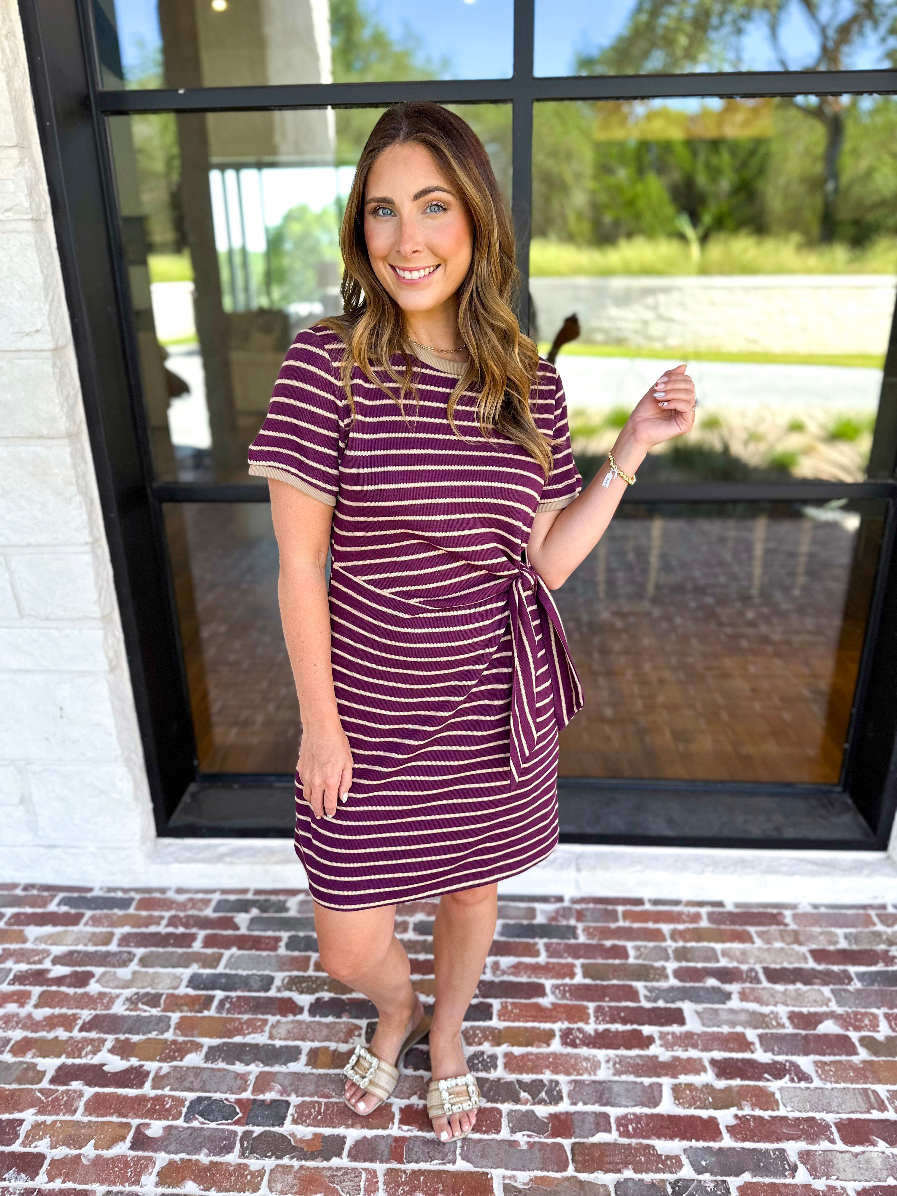 Striped Twist Mini Dress - Maroon-510 Mini-ENTRO-July & June Women's Fashion Boutique Located in San Antonio, Texas