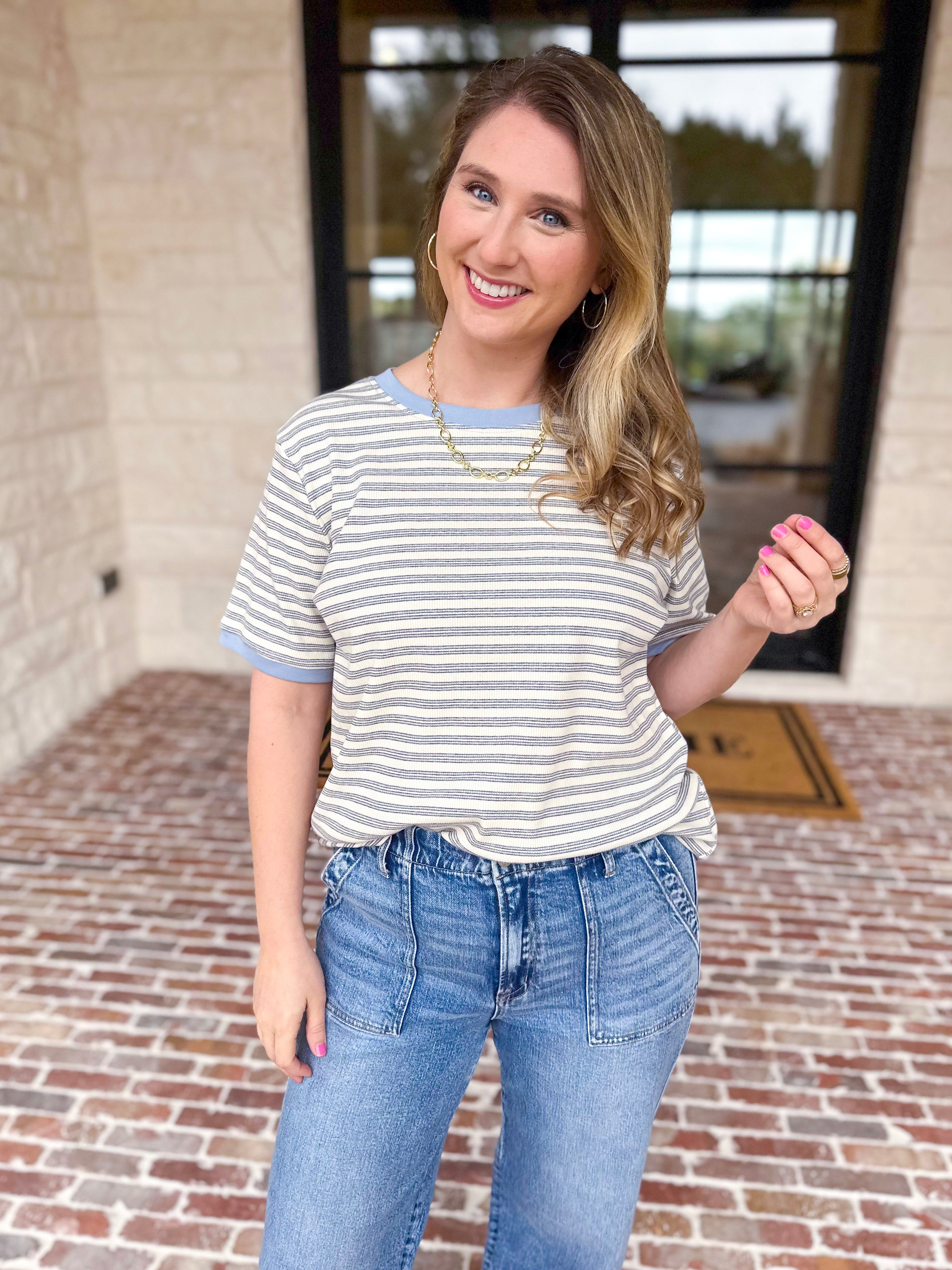 Casual Hangout Striped Tee - Blue-210 Casual Blouses-POLOGRAM-July & June Women's Fashion Boutique Located in San Antonio, Texas