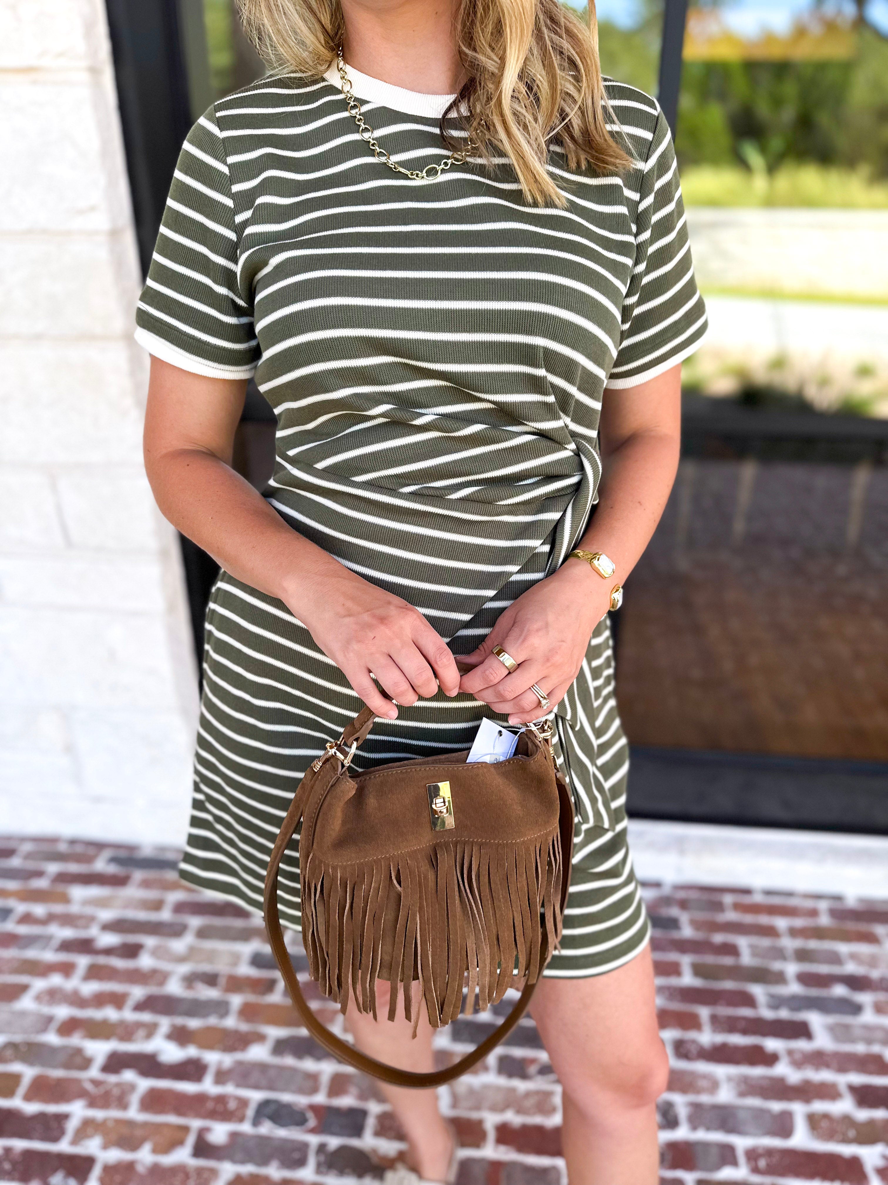 Striped Twist Mini Dress - Olive-510 Mini-ENTRO-July & June Women's Fashion Boutique Located in San Antonio, Texas