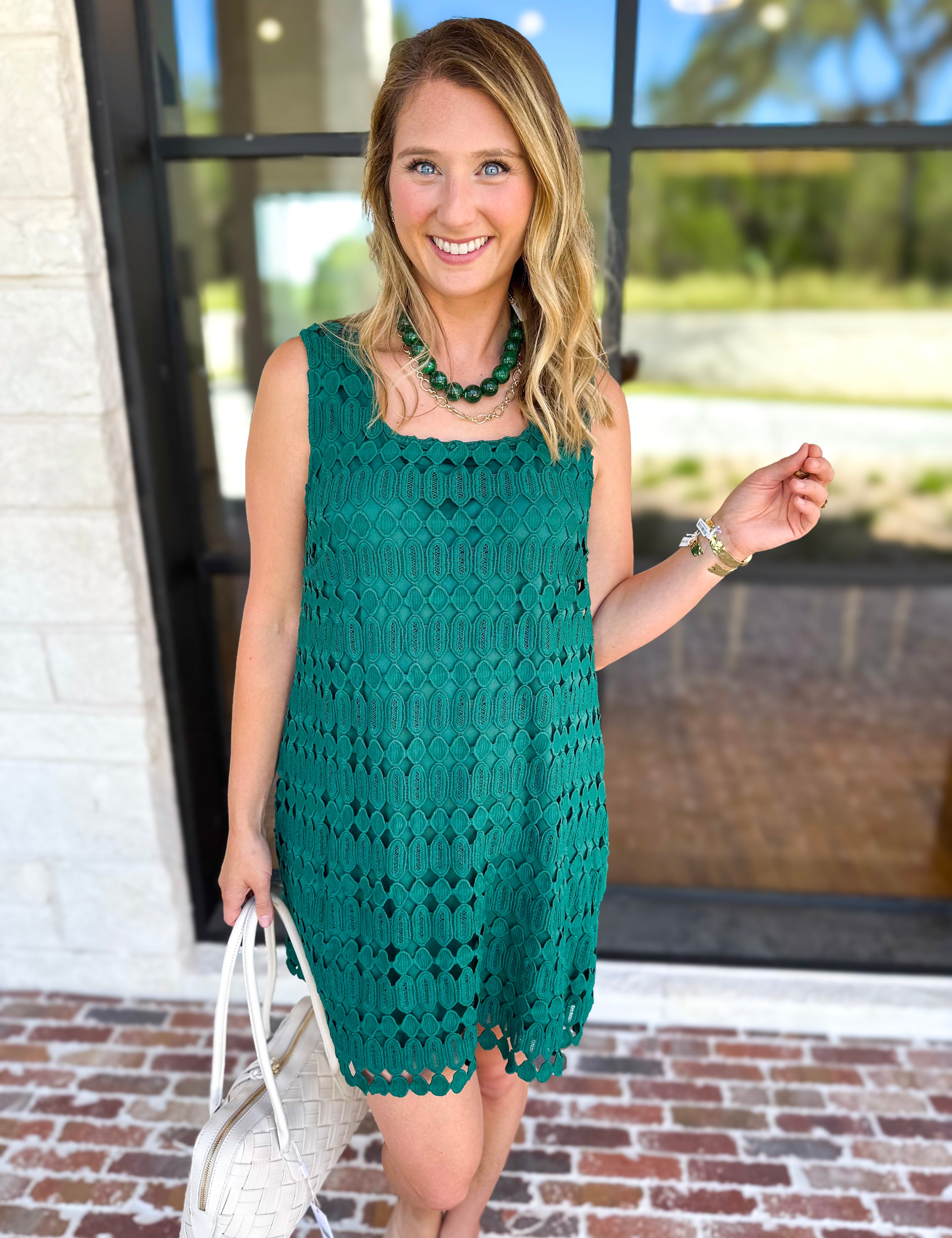Crochet Overlay Mini Dress - Pine-510 Mini-ENTRO-July & June Women's Fashion Boutique Located in San Antonio, Texas
