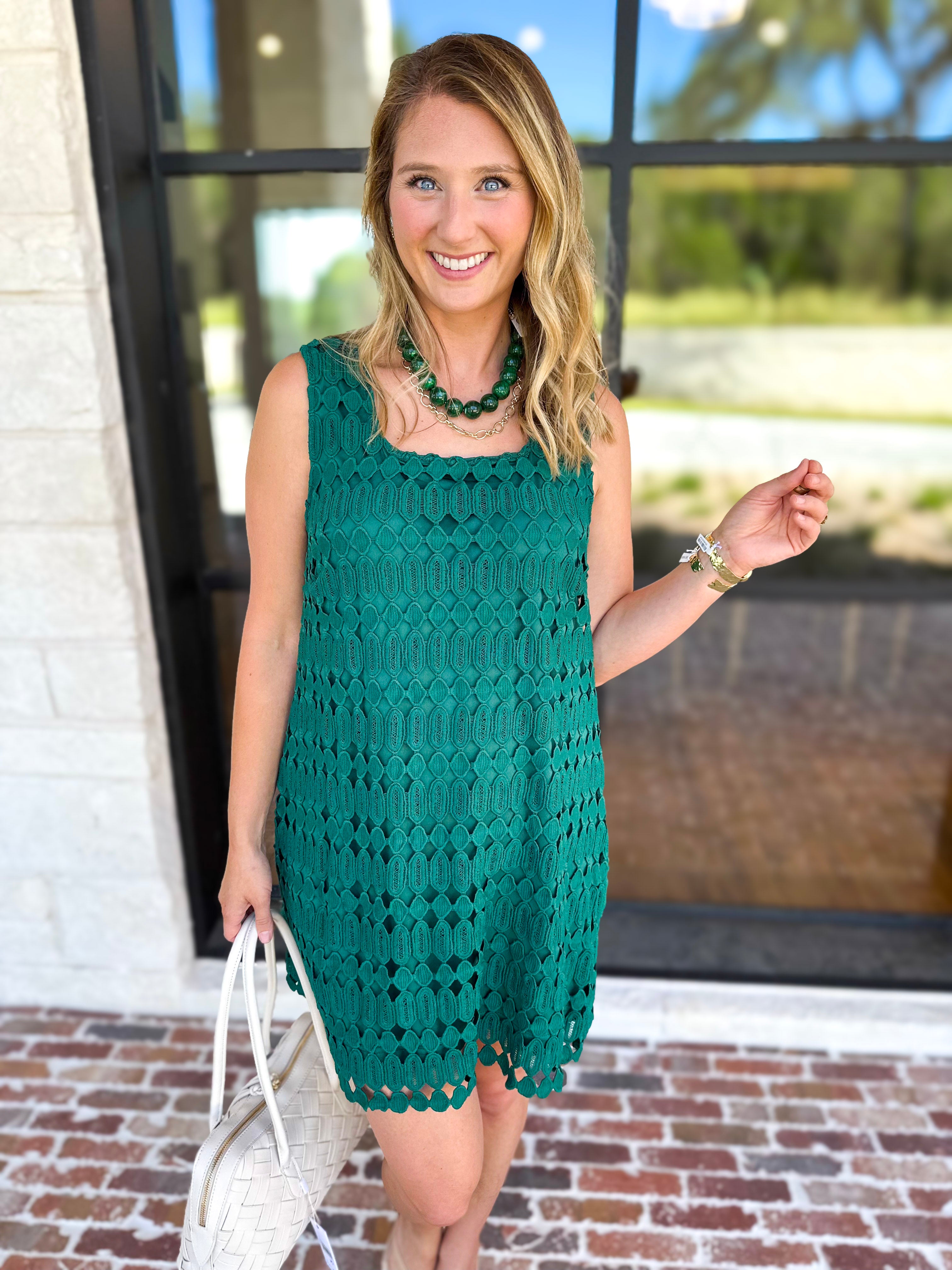 Crochet Overlay Mini Dress - Pine-510 Mini-ENTRO-July & June Women's Fashion Boutique Located in San Antonio, Texas