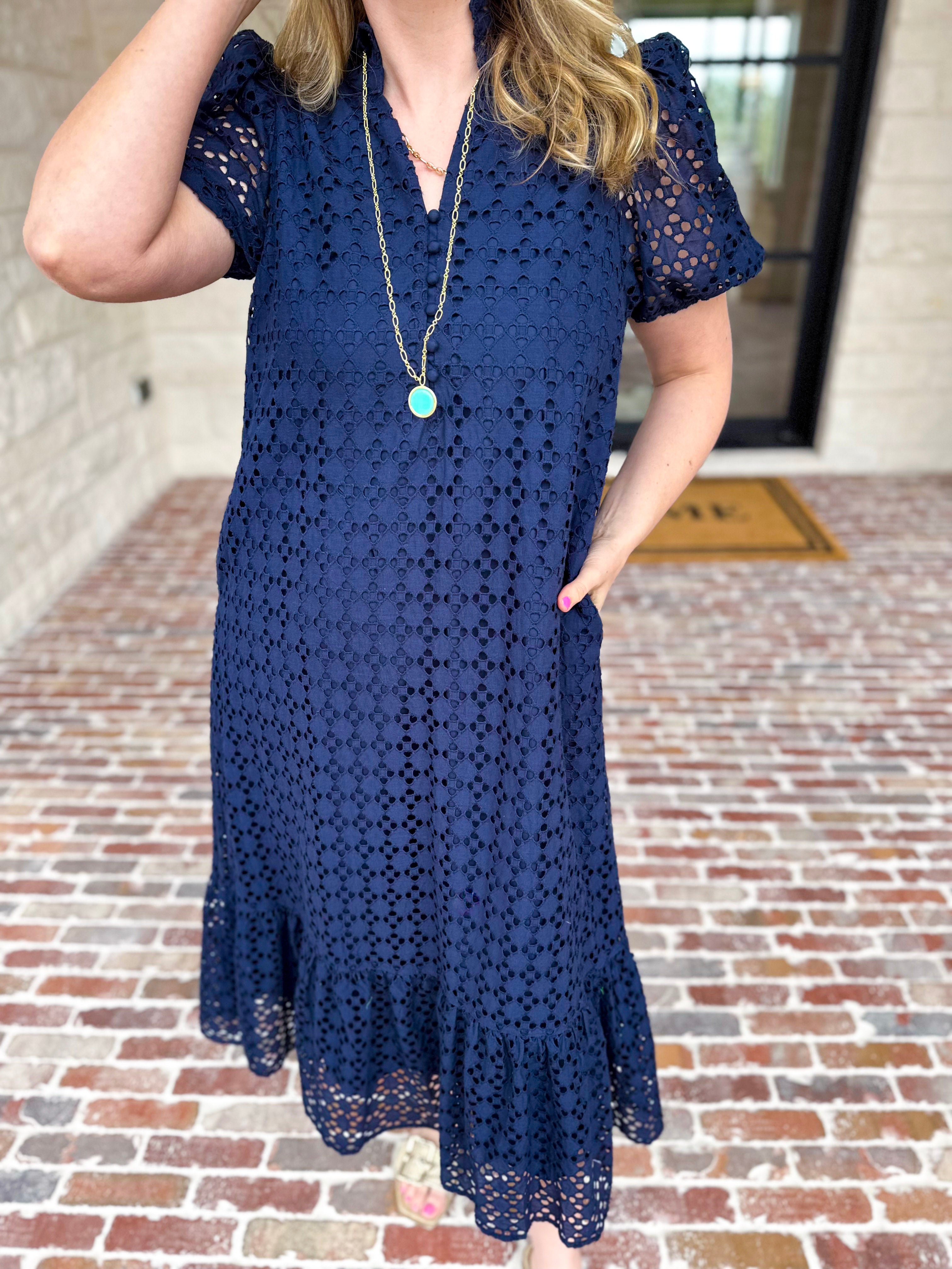 The Graceful Gathering Midi Dress - Navy-500 Midi-ENTRO-July & June Women's Fashion Boutique Located in San Antonio, Texas