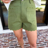 Scalloped Shorts - Matcha-410 Shorts/Skirts-ENTRO-July & June Women's Fashion Boutique Located in San Antonio, Texas