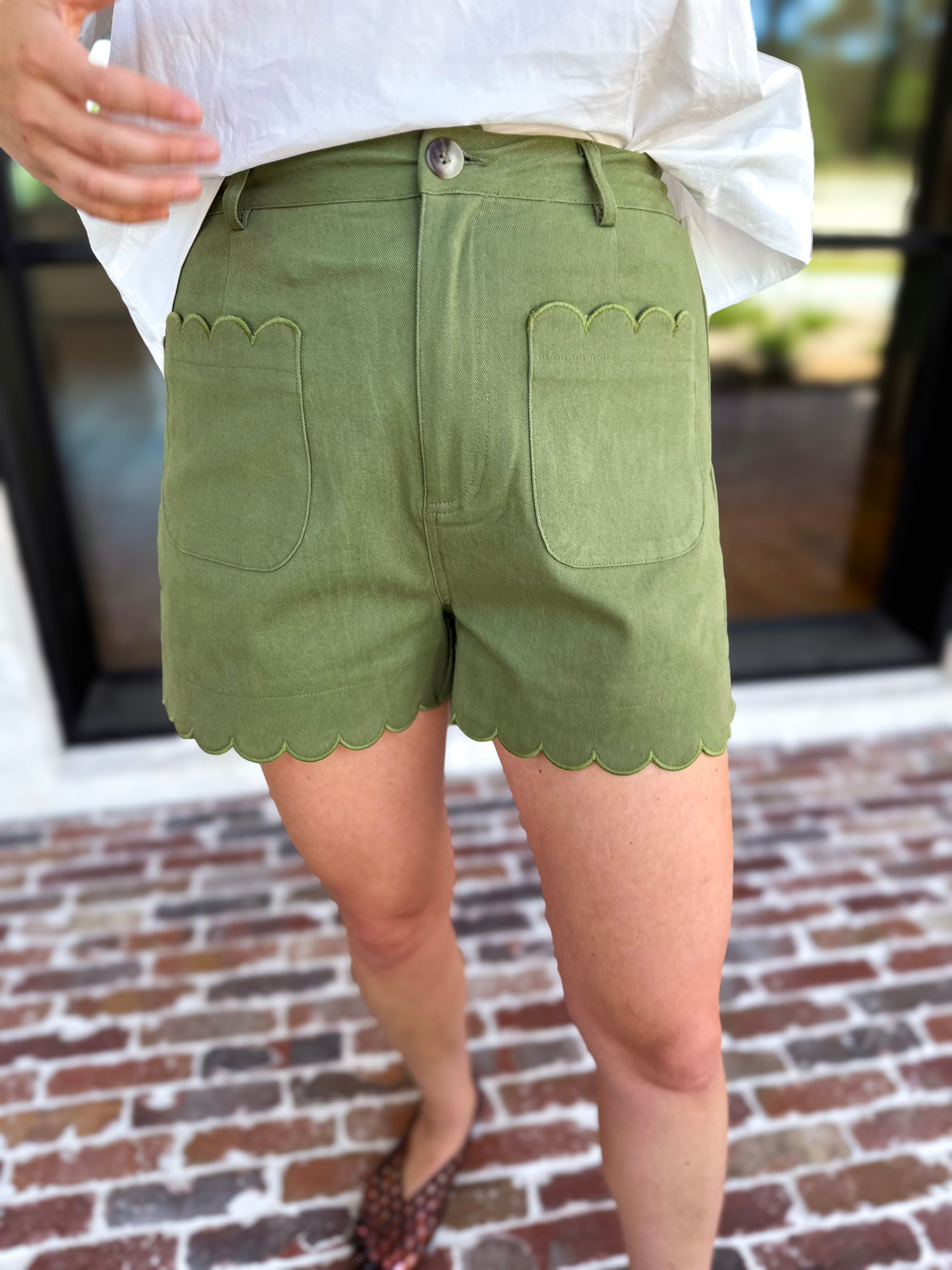 Scalloped Shorts - Matcha-410 Shorts/Skirts-ENTRO-July & June Women's Fashion Boutique Located in San Antonio, Texas