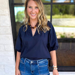Feminine Everyday V-Neck Blouse - Navy Blue-200 Fashion Blouses-OLIVACEOUS-July & June Women's Fashion Boutique Located in San Antonio, Texas