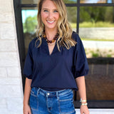 Feminine Everyday V-Neck Blouse - Navy Blue-200 Fashion Blouses-OLIVACEOUS-July & June Women's Fashion Boutique Located in San Antonio, Texas