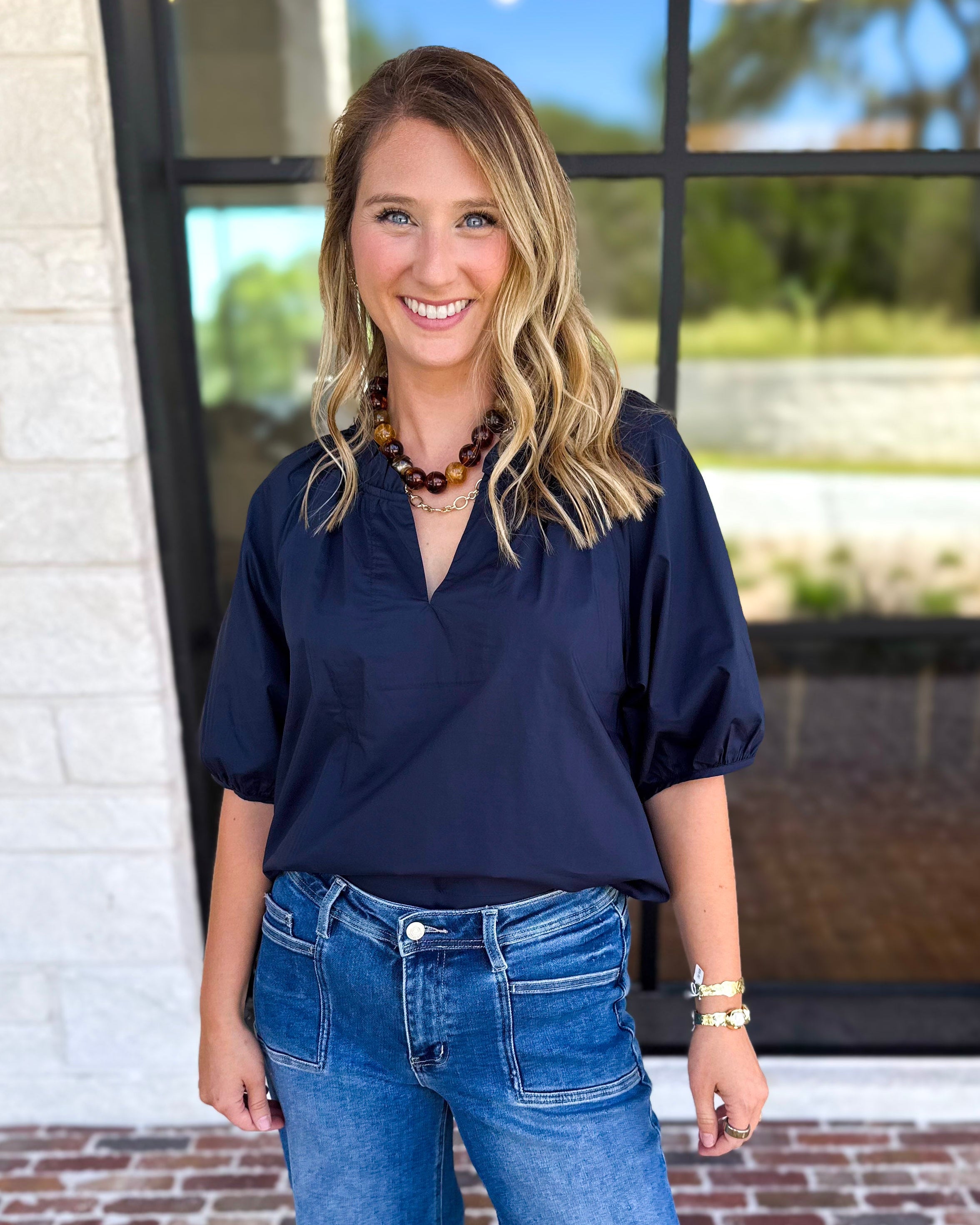 Feminine Everyday V-Neck Blouse - Navy Blue-200 Fashion Blouses-OLIVACEOUS-July & June Women's Fashion Boutique Located in San Antonio, Texas
