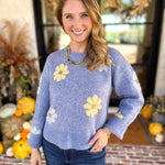 Current Air - Sky Blue Daisy Sweater-230 Sweaters/Cardis-CURRENT AIR CLOTHING-July & June Women's Fashion Boutique Located in San Antonio, Texas