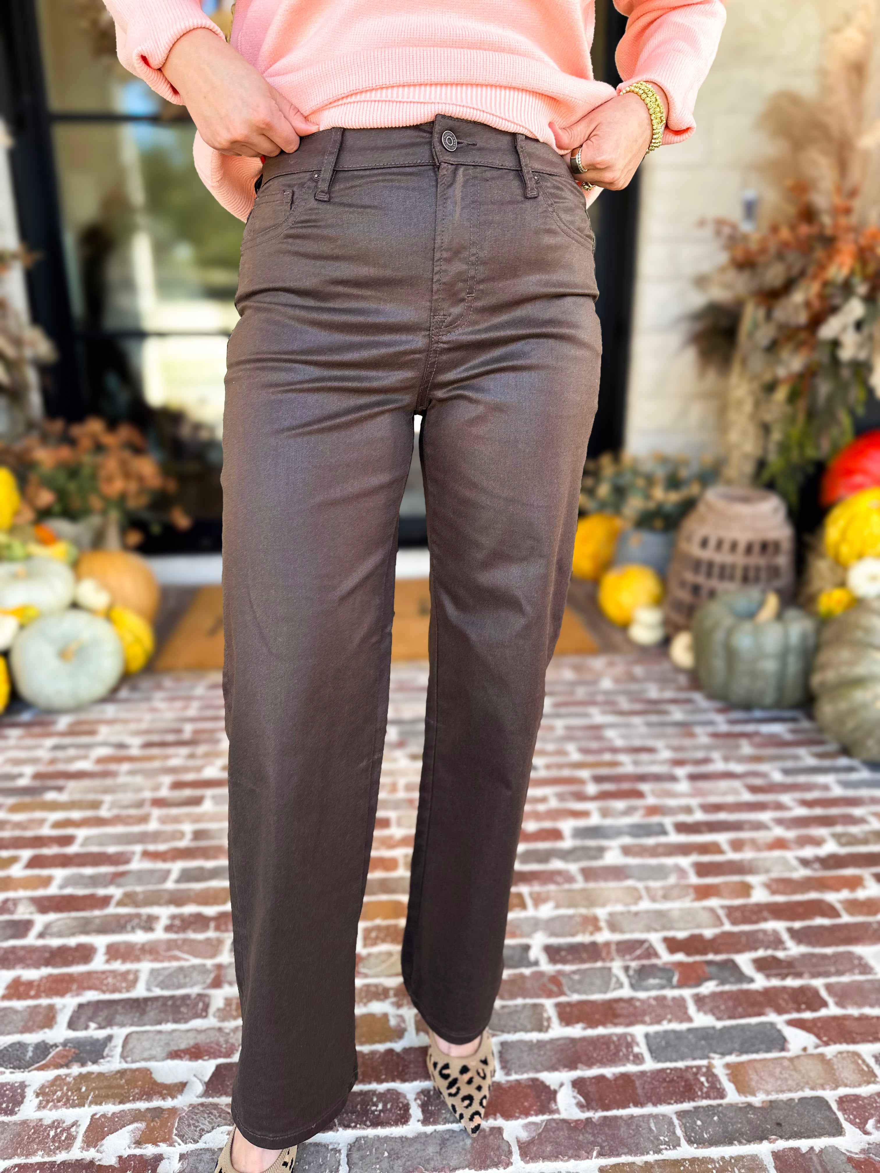 Chocolate Faux Leather Straight Leg Pants-420 Denim-HIDDEN JEANS-July & June Women's Fashion Boutique Located in San Antonio, Texas