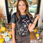 Liverpool - Chic Faux Leather Floral Tee-200 Fashion Blouses-LIVERPOOL JEANS COMPANY-July & June Women's Fashion Boutique Located in San Antonio, Texas