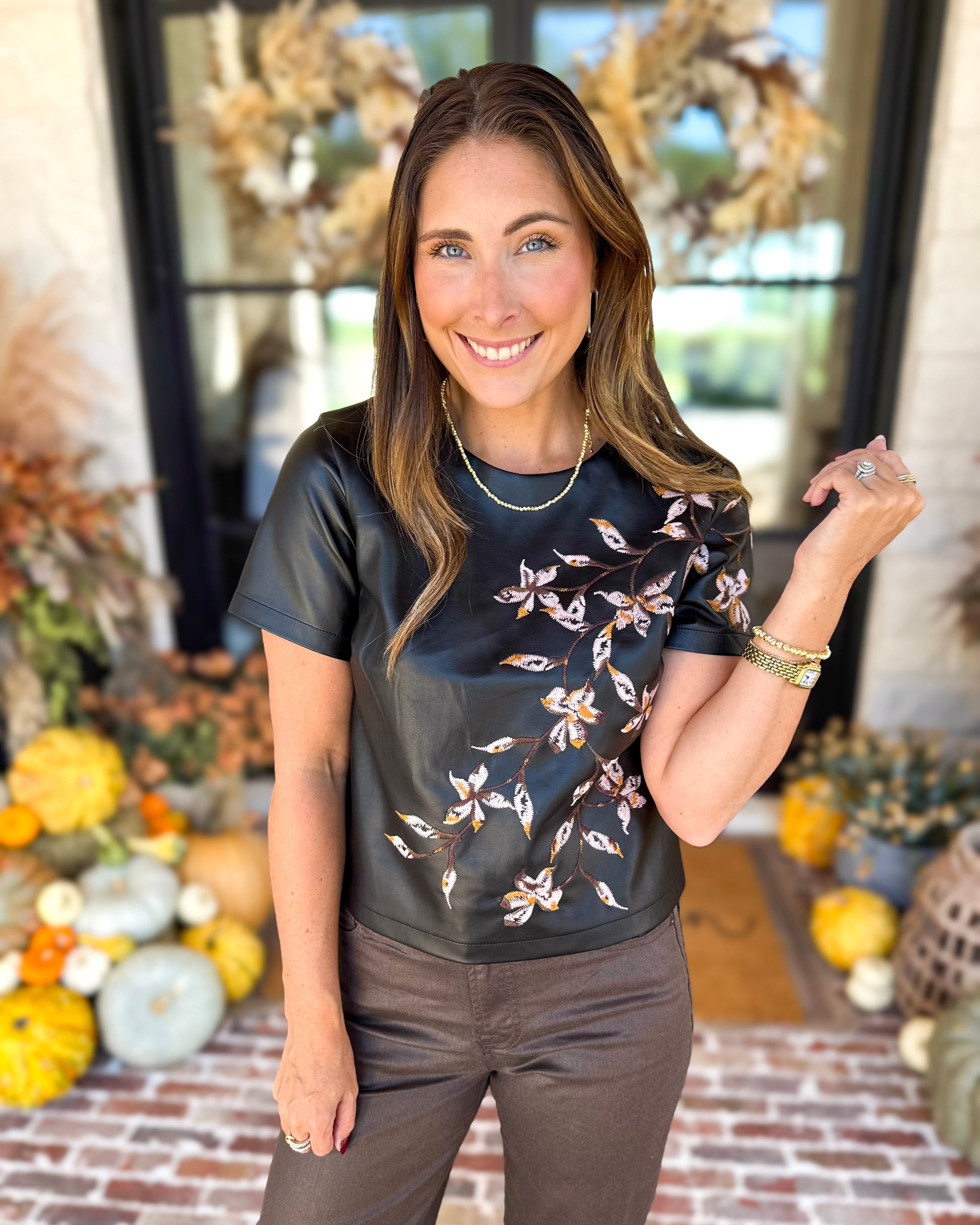 Liverpool - Chic Faux Leather Floral Tee-200 Fashion Blouses-LIVERPOOL JEANS COMPANY-July & June Women's Fashion Boutique Located in San Antonio, Texas
