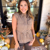 Street Chic Utility Cinched Blouse-200 Fashion Blouses-STRUT & BOLT-July & June Women's Fashion Boutique Located in San Antonio, Texas