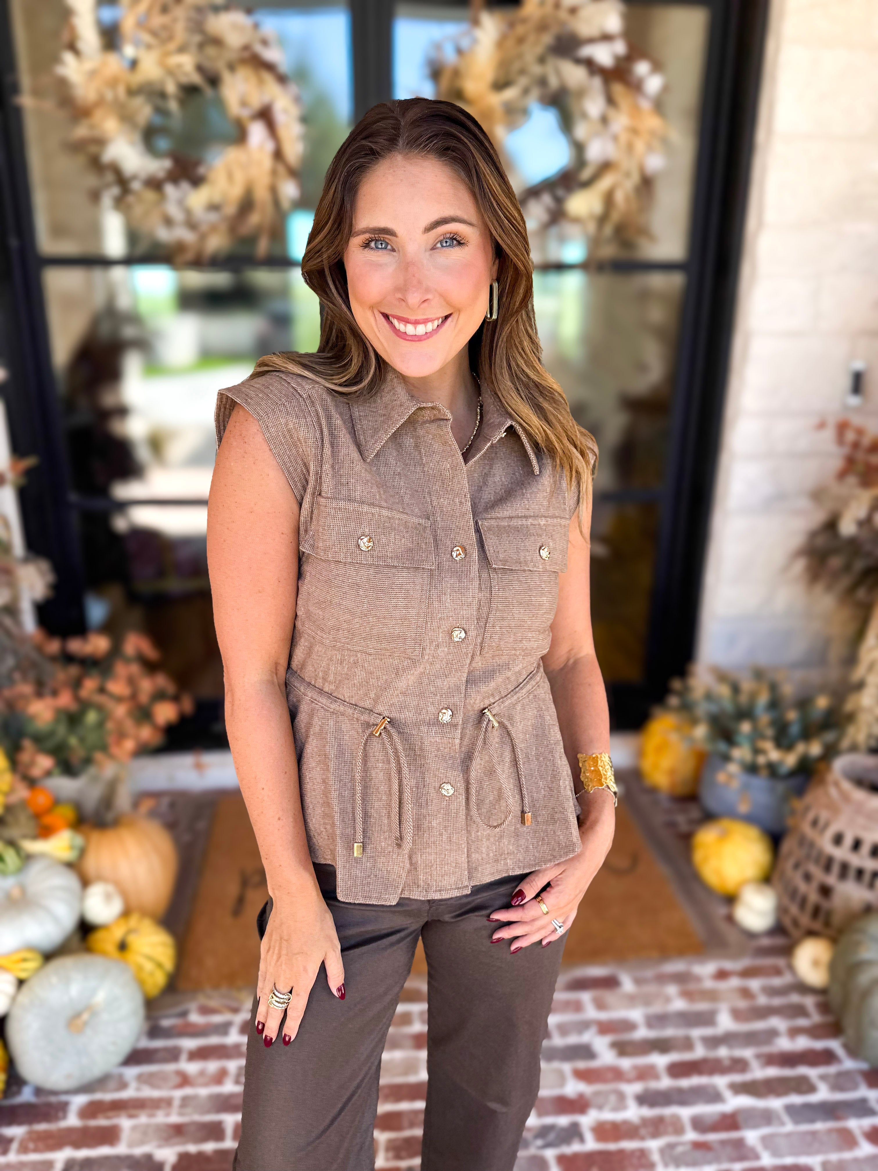 Street Chic Utility Cinched Blouse-200 Fashion Blouses-STRUT & BOLT-July & June Women's Fashion Boutique Located in San Antonio, Texas