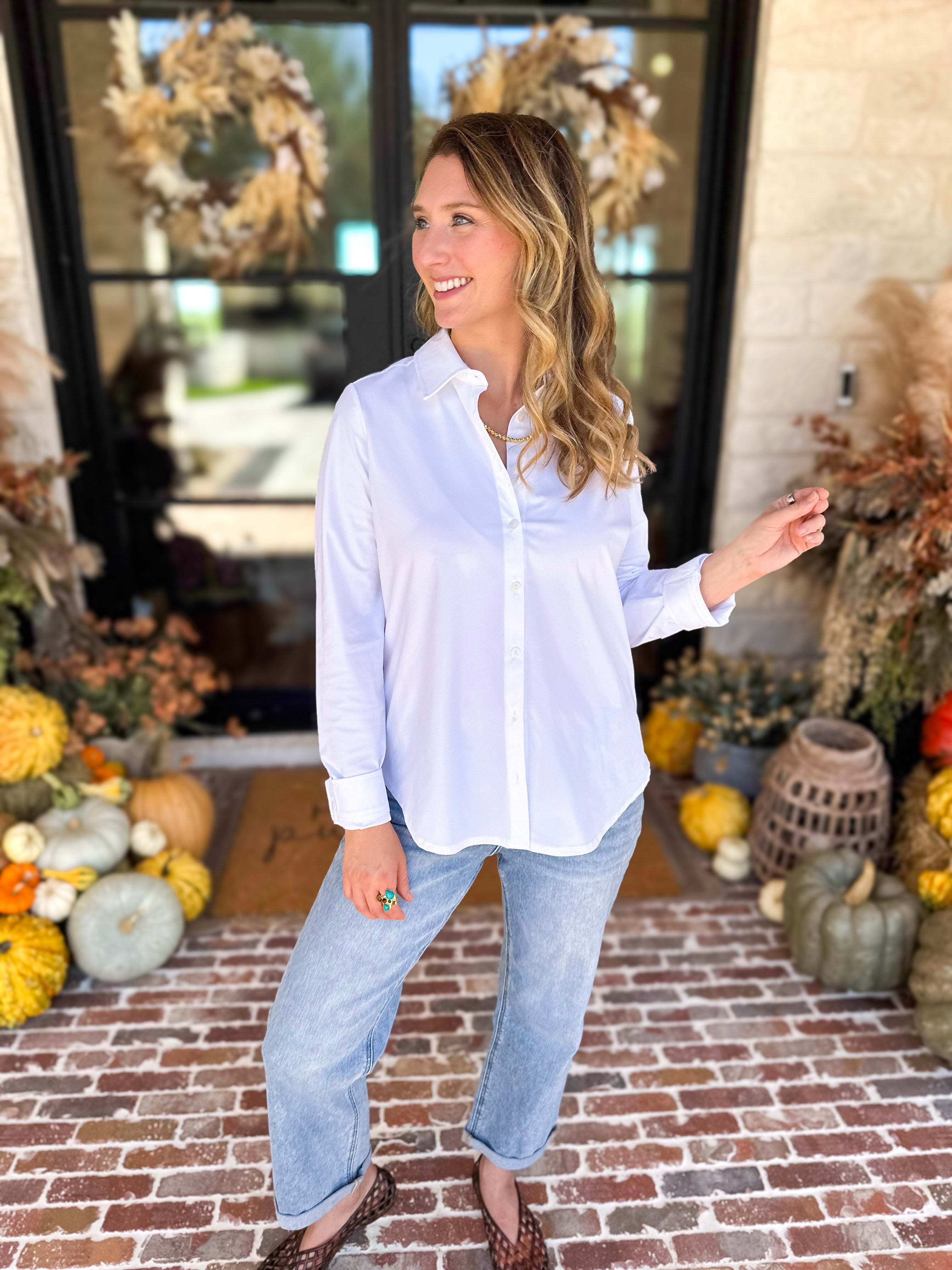 Liverpool - The Classic White Button Down-200 Fashion Blouses-LIVERPOOL JEANS COMPANY-July & June Women's Fashion Boutique Located in San Antonio, Texas