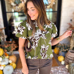 Moss Floral Puff Sleeve Blouse-200 Fashion Blouses-TCEC-July & June Women's Fashion Boutique Located in San Antonio, Texas