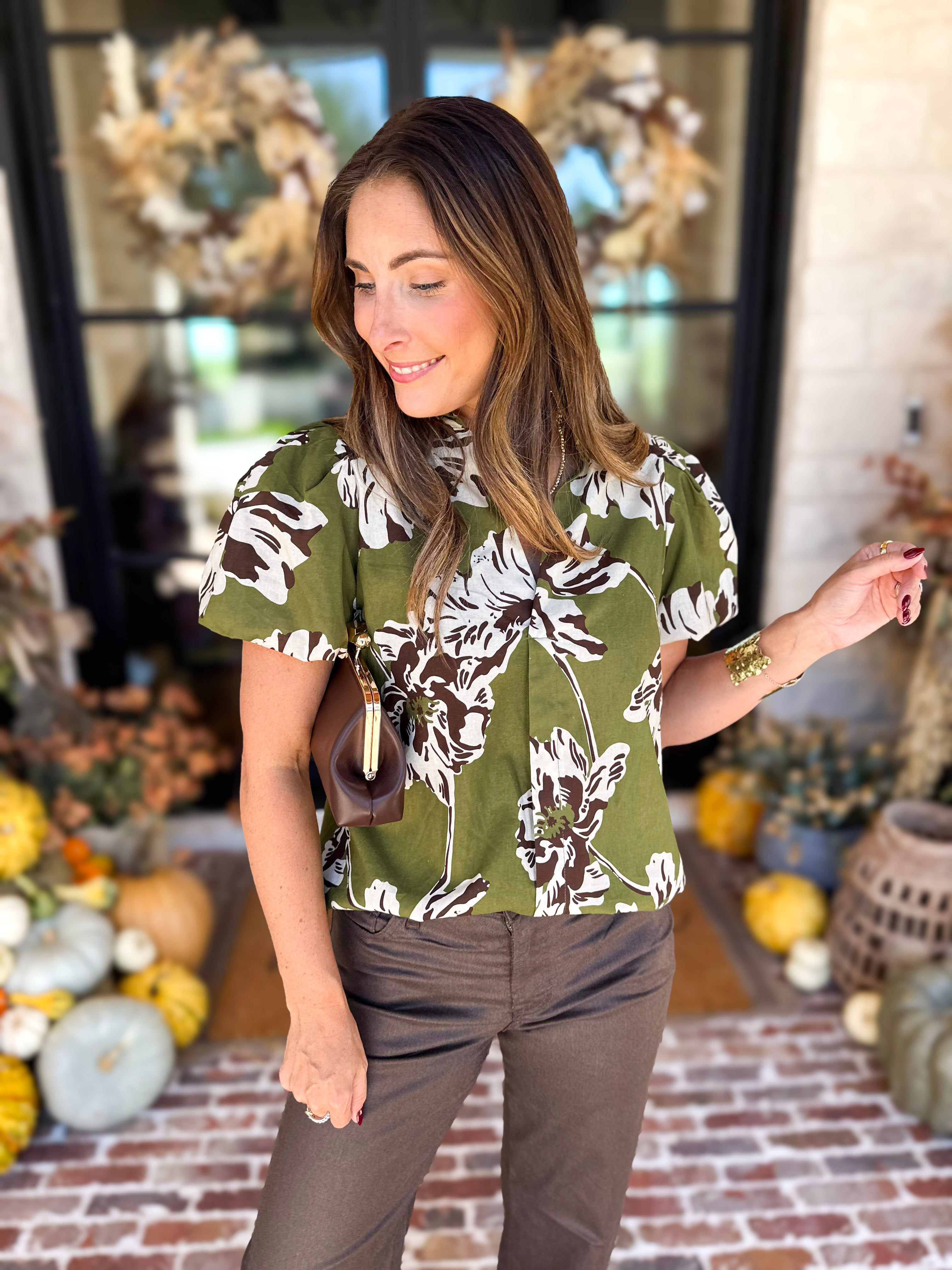 Moss Floral Puff Sleeve Blouse-200 Fashion Blouses-TCEC-July & June Women's Fashion Boutique Located in San Antonio, Texas