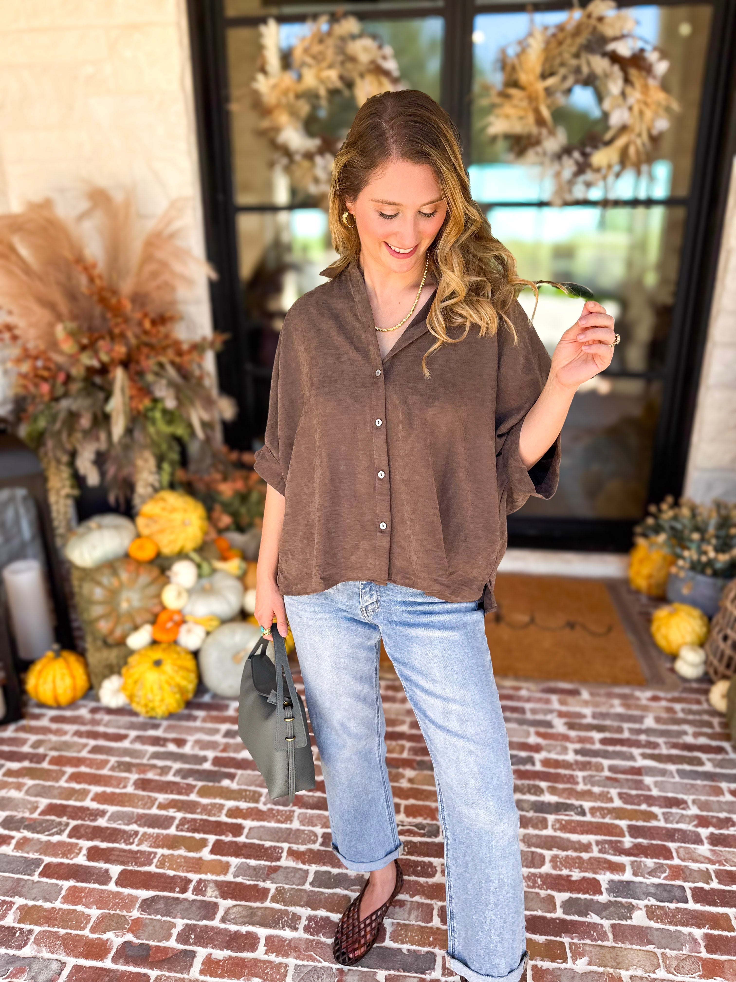 Heathered Brown Oversized Blouse-200 Fashion Blouses-ENTRO-July & June Women's Fashion Boutique Located in San Antonio, Texas