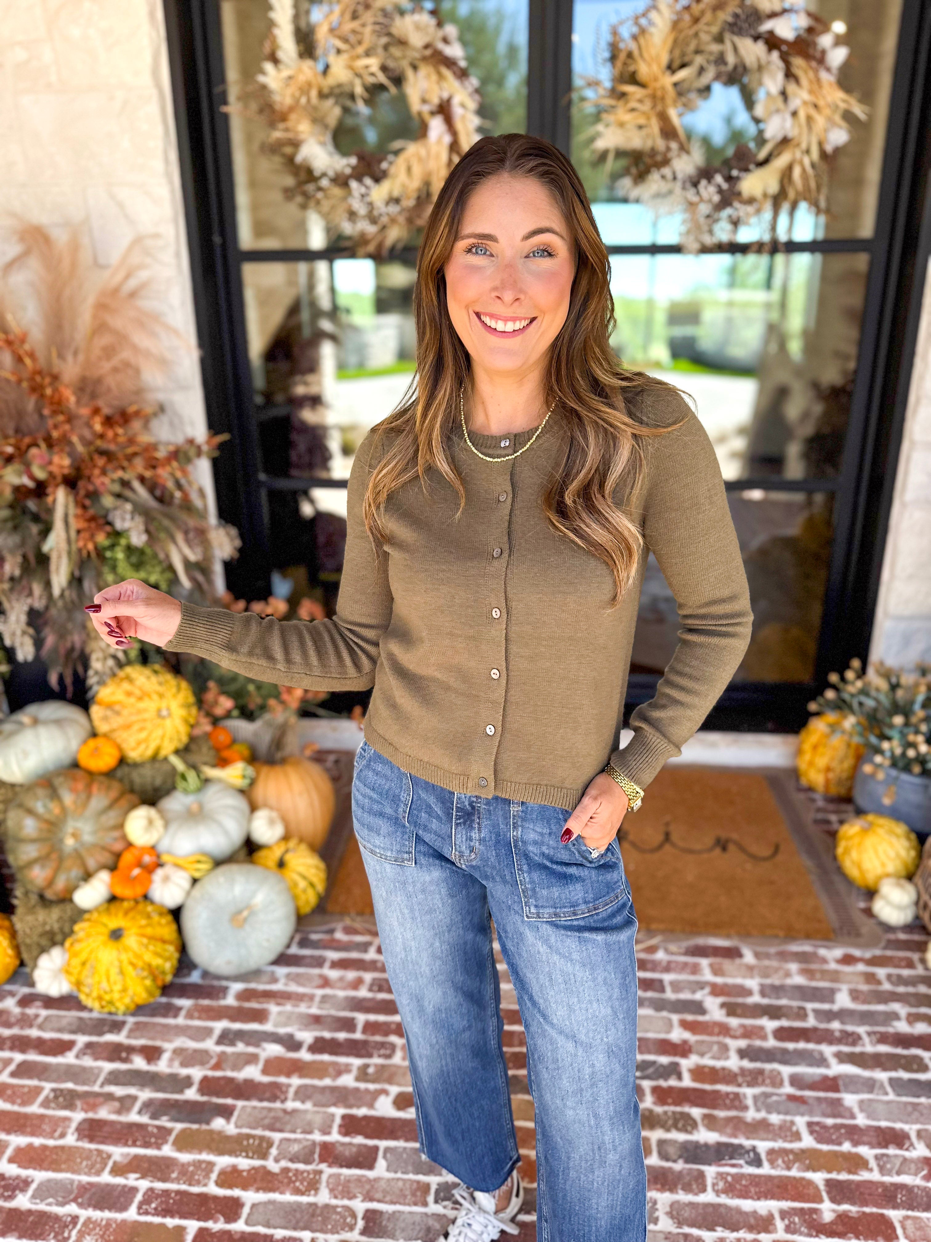 The Everyday Girl Olive Cardigan-230 Sweaters/Cardis-SKIES ARE BLUE-July & June Women's Fashion Boutique Located in San Antonio, Texas
