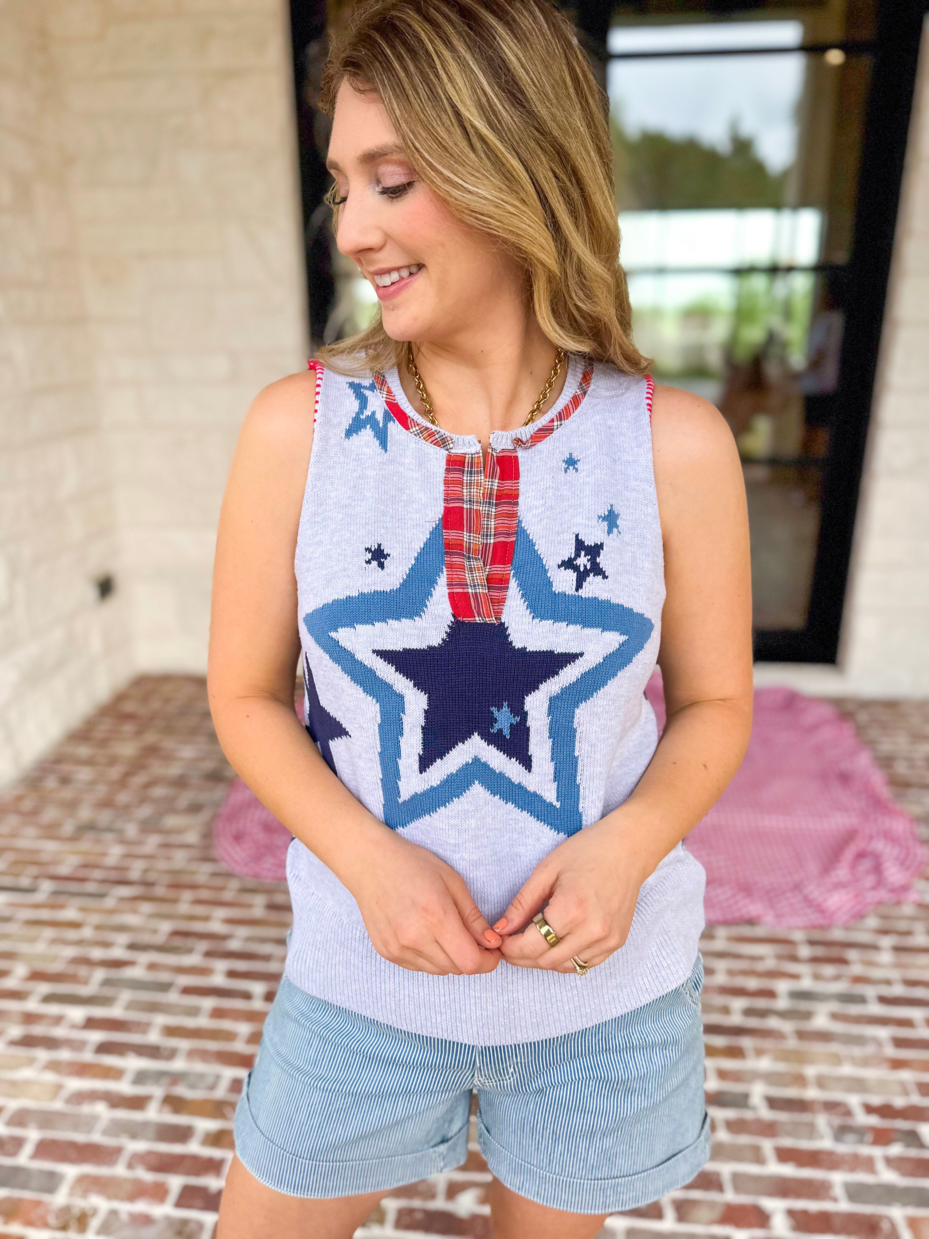 Flannel Patchwork Star Knit Top-230 Sweaters/Cardis-FATE-July & June Women's Fashion Boutique Located in San Antonio, Texas