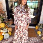 Current Air - Saddlewood Floral Midi Dress-500 Midi-CURRENT AIR CLOTHING-July & June Women's Fashion Boutique Located in San Antonio, Texas