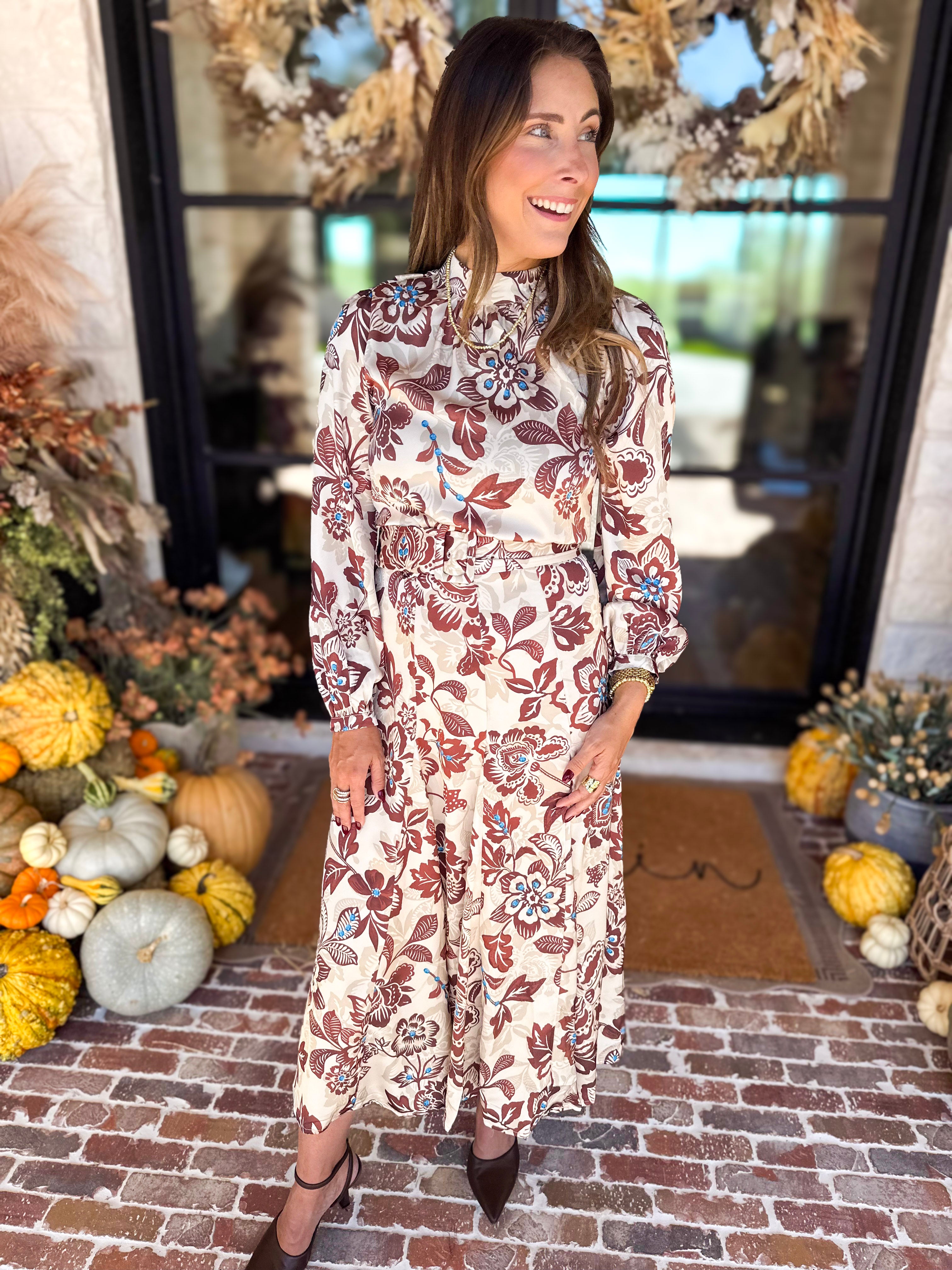 Current Air - Saddlewood Floral Midi Dress-500 Midi-CURRENT AIR CLOTHING-July & June Women's Fashion Boutique Located in San Antonio, Texas